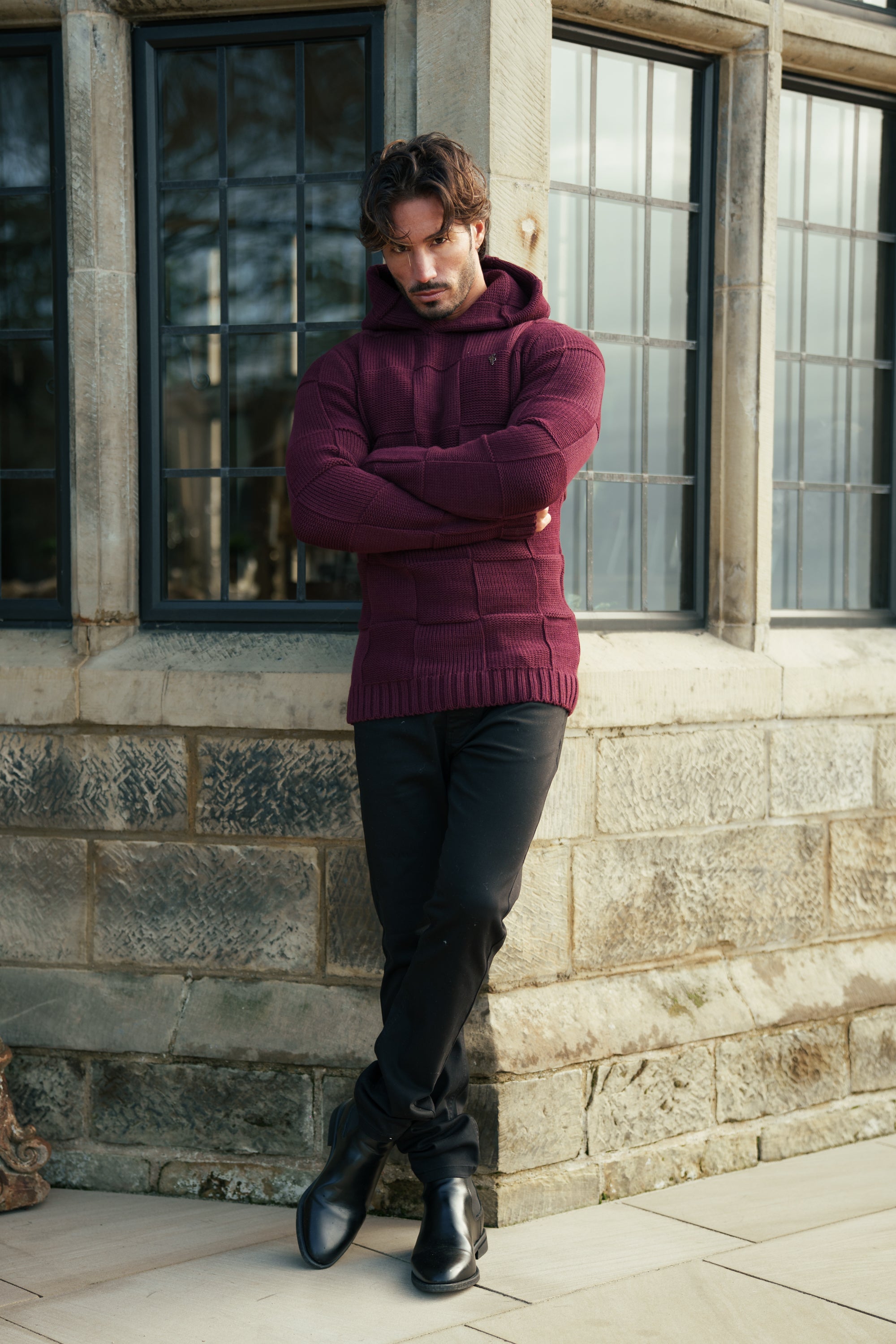 Wine Checkerboard Knitted Hoodie - FSJ139