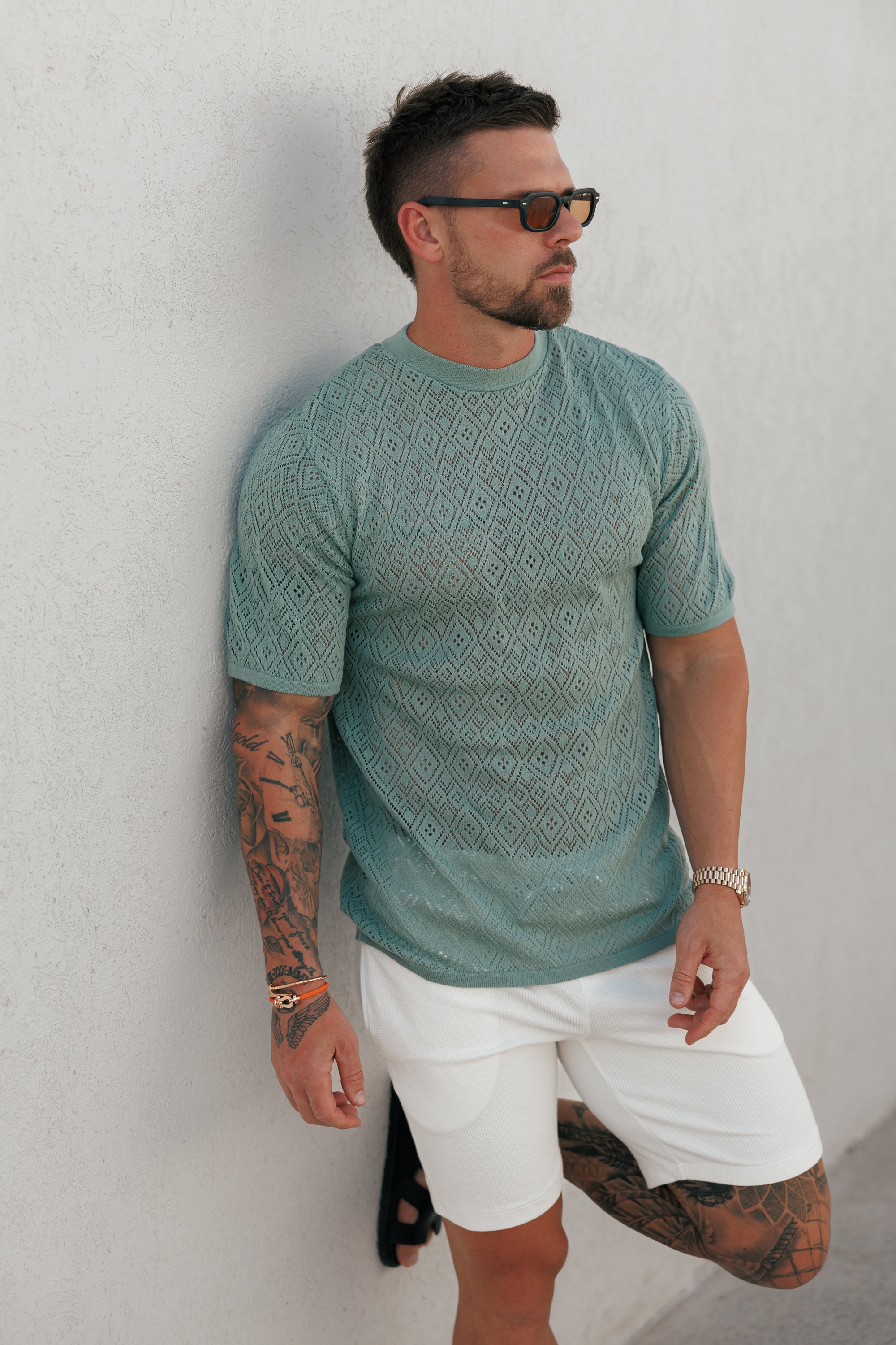 Crochet Crew T-Shirt Light Green Short Sleeve - FSJ091
