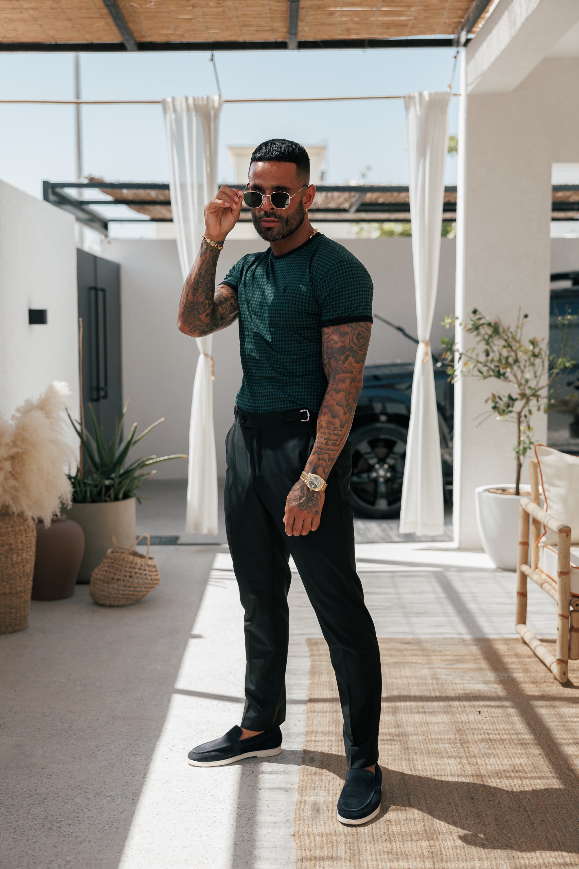 Printed Forest Green / Black Check Fitted T Shirt - FSH1241