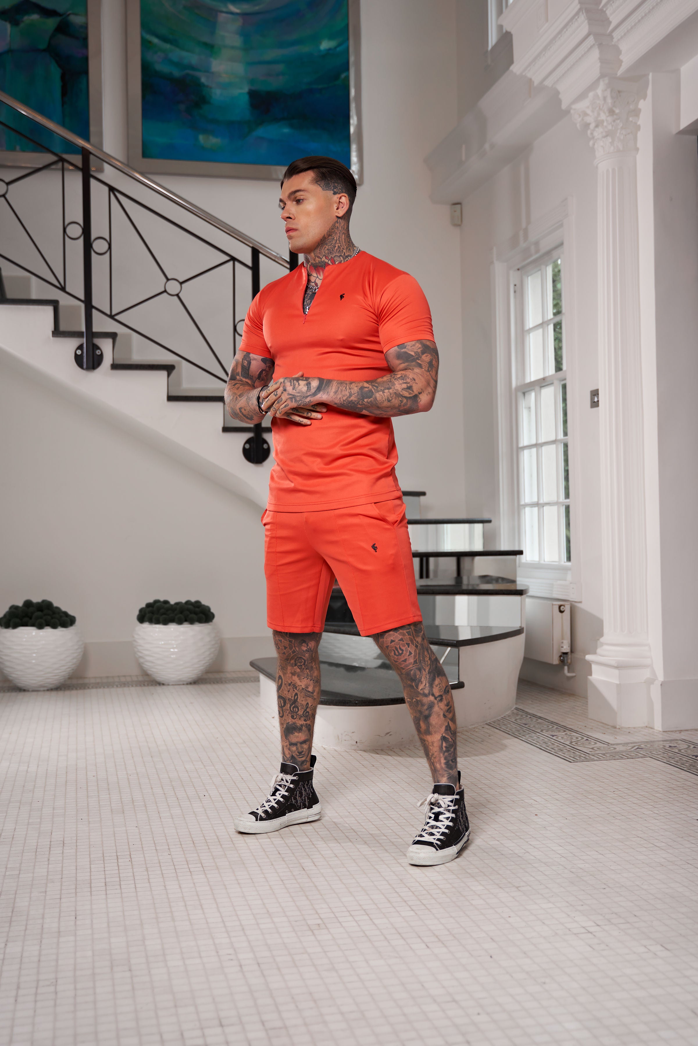 Scuba Coral / Black Crew T Shirt With Zip Detail Short Sleeve - FSH1036