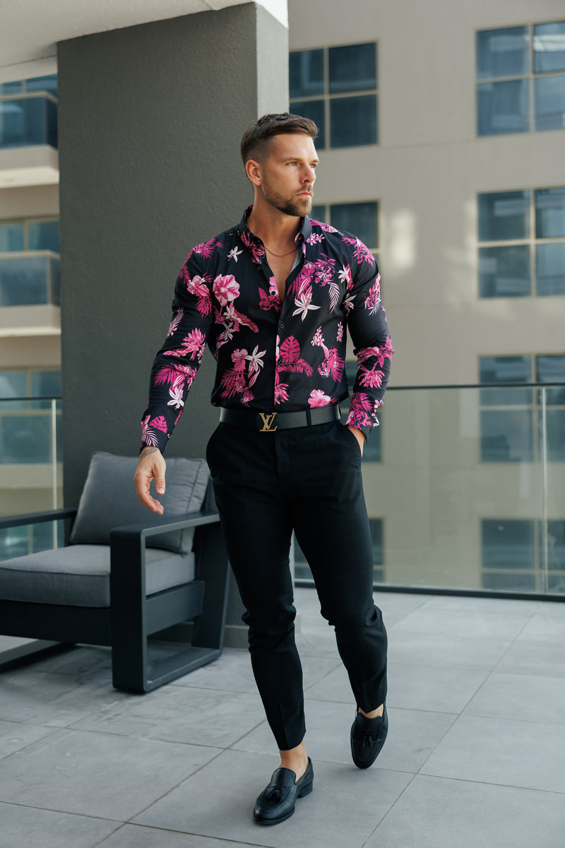 Classic Stretch LS Black / Bright Pink Floral Print Button Down Collar - FS1153