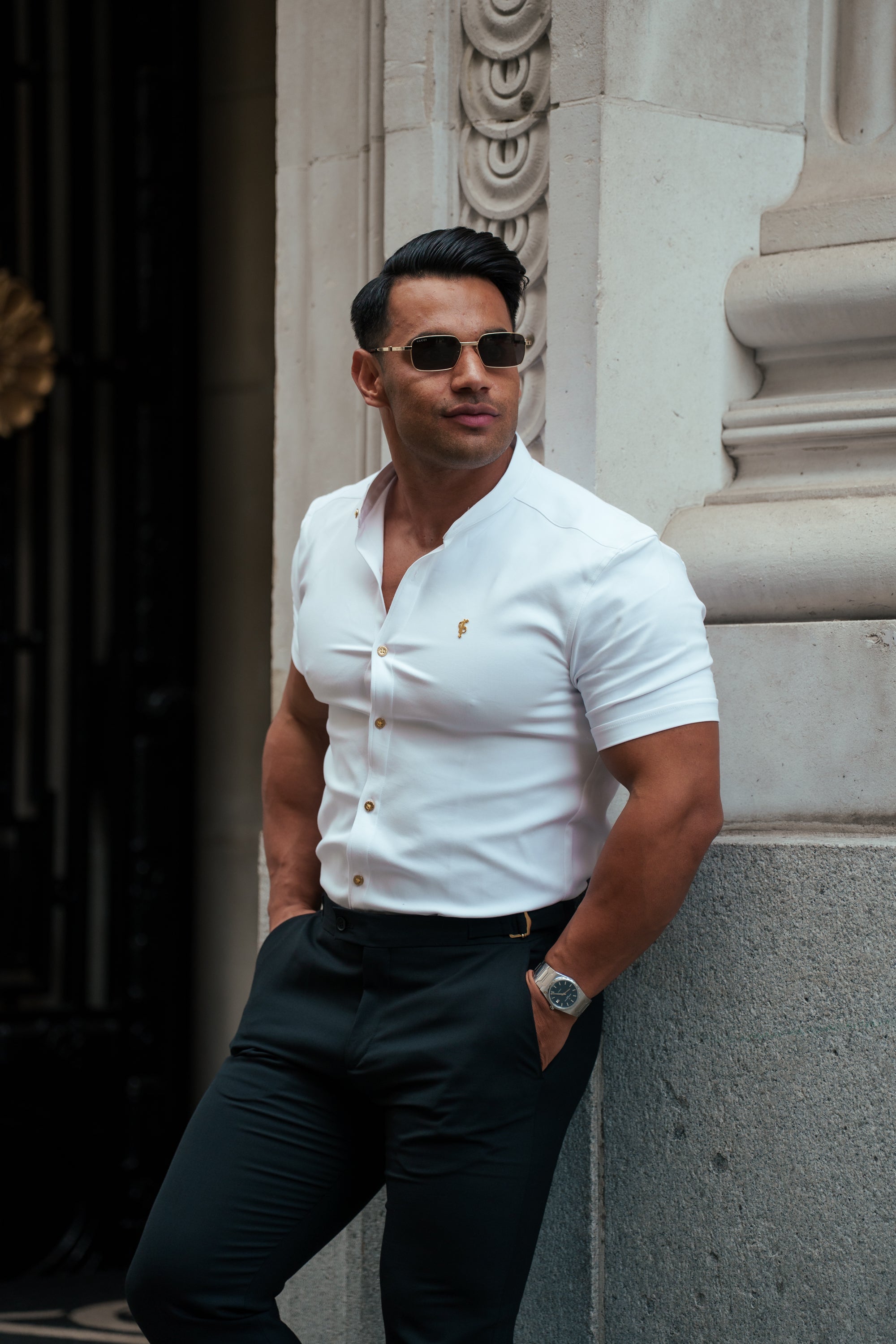 Super Slim SS White + Gold Scuba with Grandad Collar - FS1194