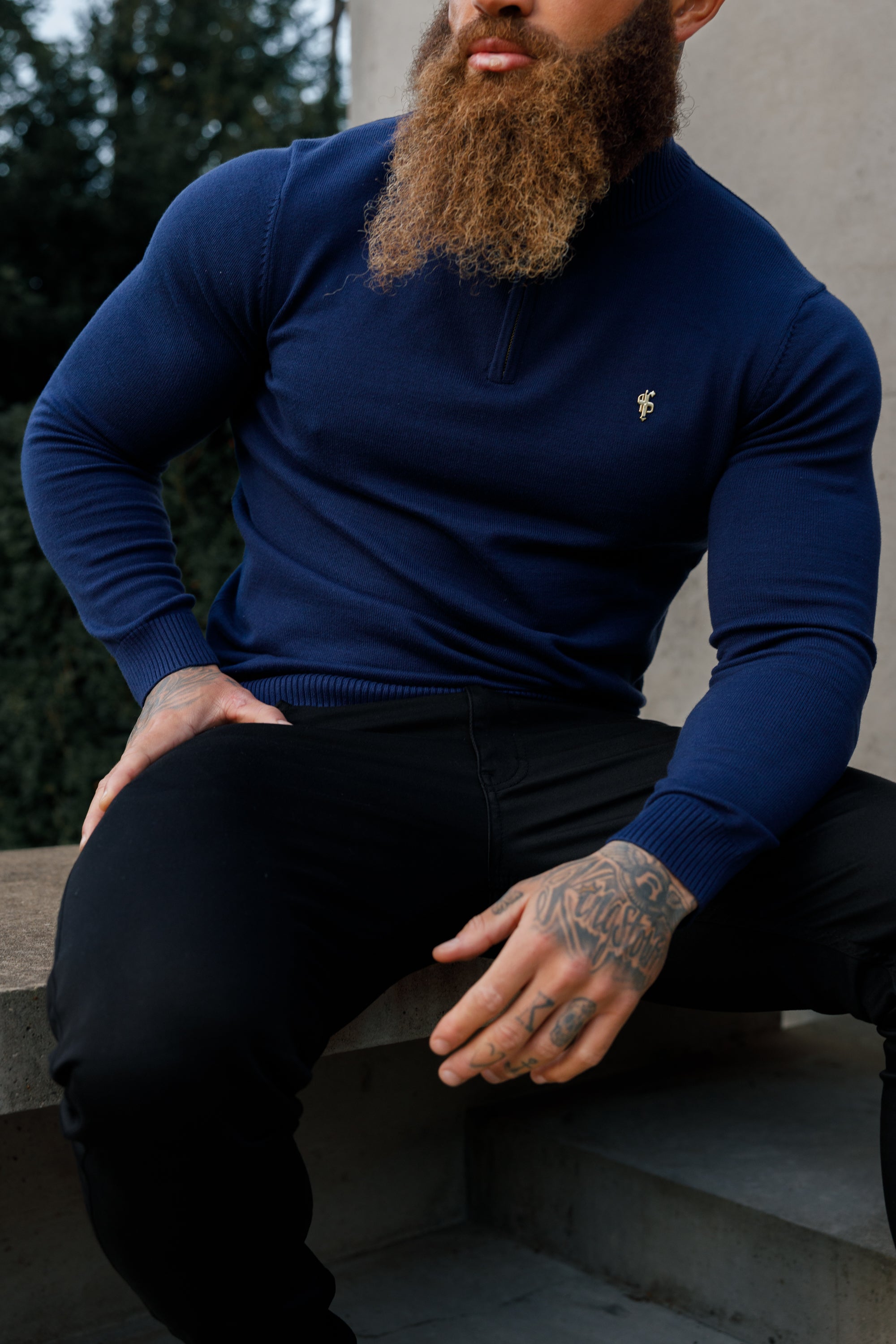 Navy Funnel Neck 1/2 Zip Knitted Jumper - FSN122