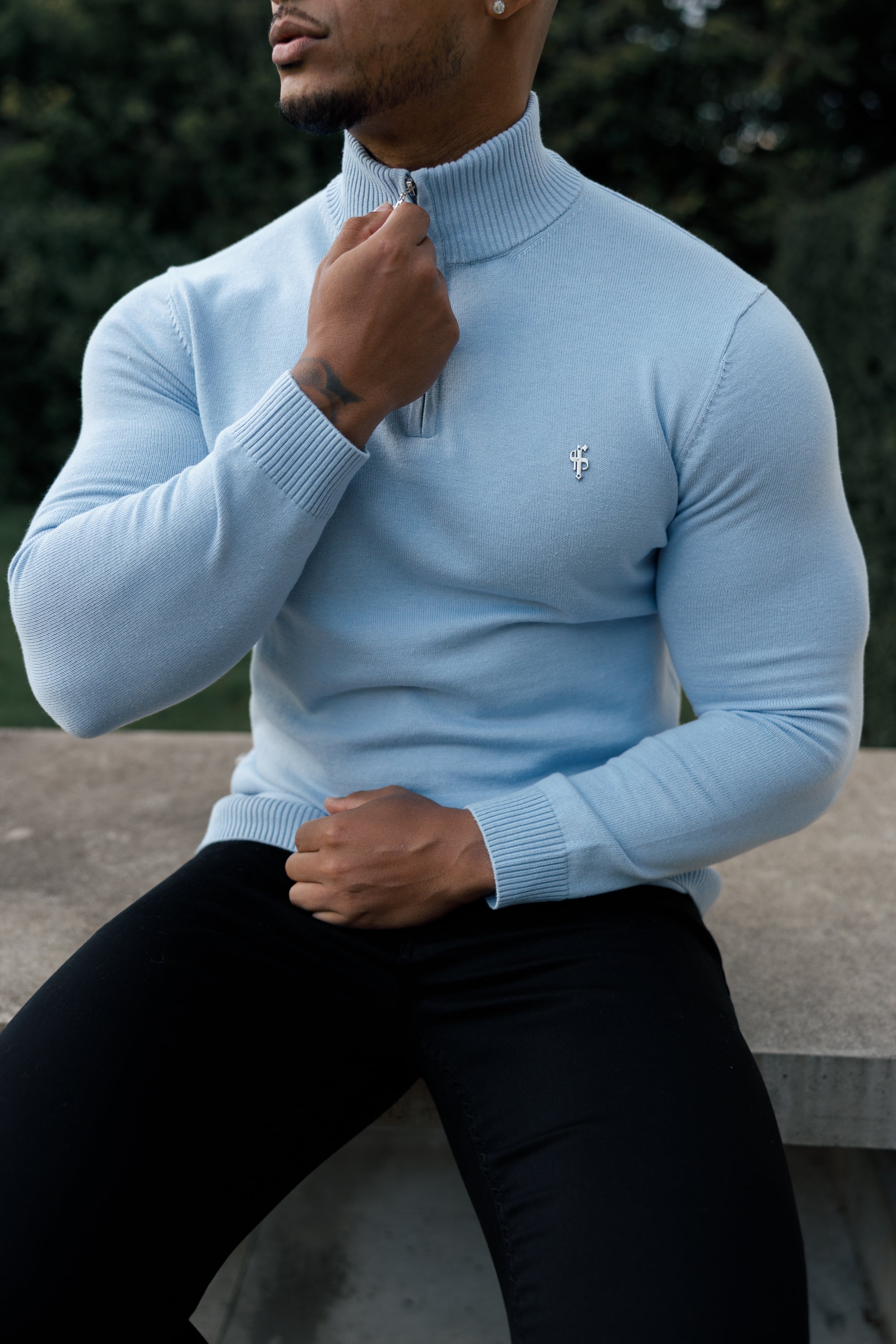 Light Blue Funnel Neck 1/2 Zip Knitted Jumper - FSN119