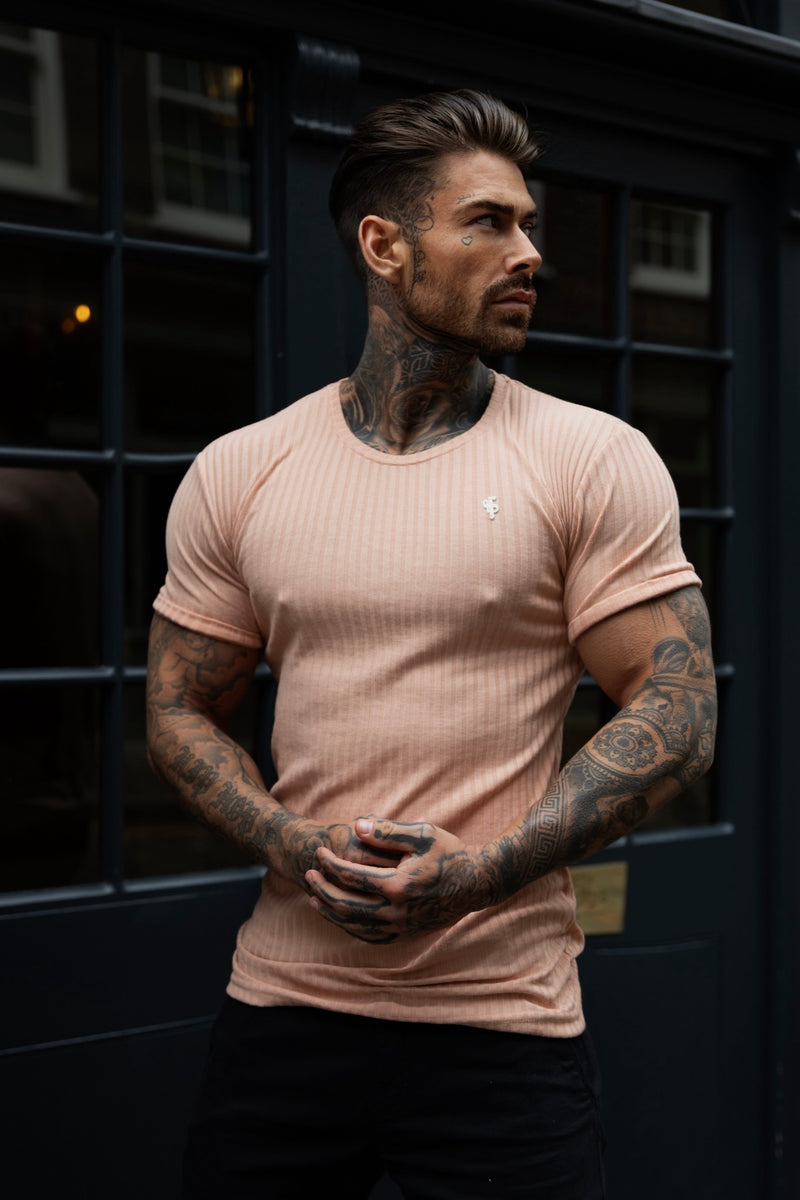 Father Sons Classic Peach / Silver Ribbed Knit Super Slim Short Sleeve Crew - FSH1093 (PRE ORDER 17TH MAY)