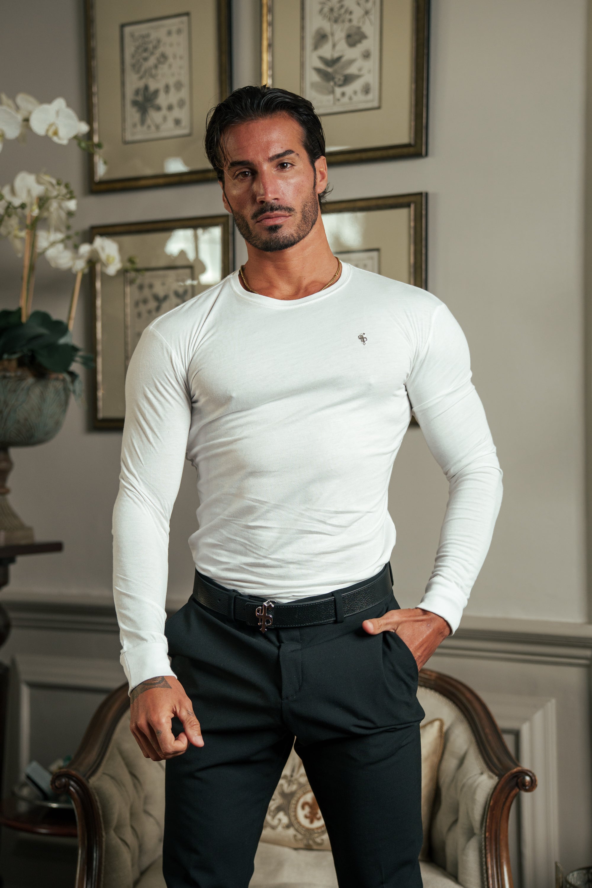White / Silver Bamboo Crew T-Shirt Long Sleeve - FSH1416