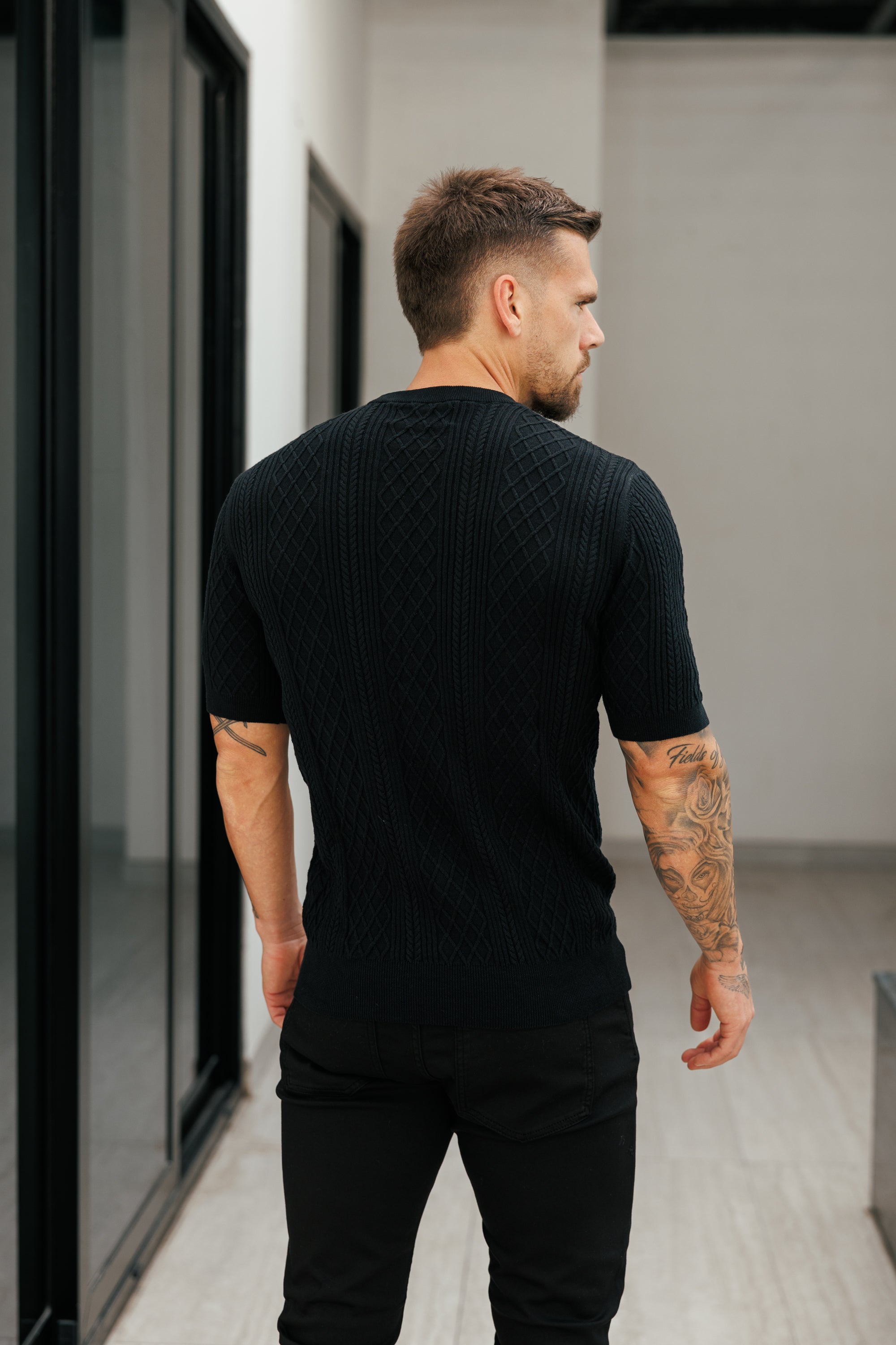 Fine Knit Diamond Black Jumper Short Sleeve - FSA010