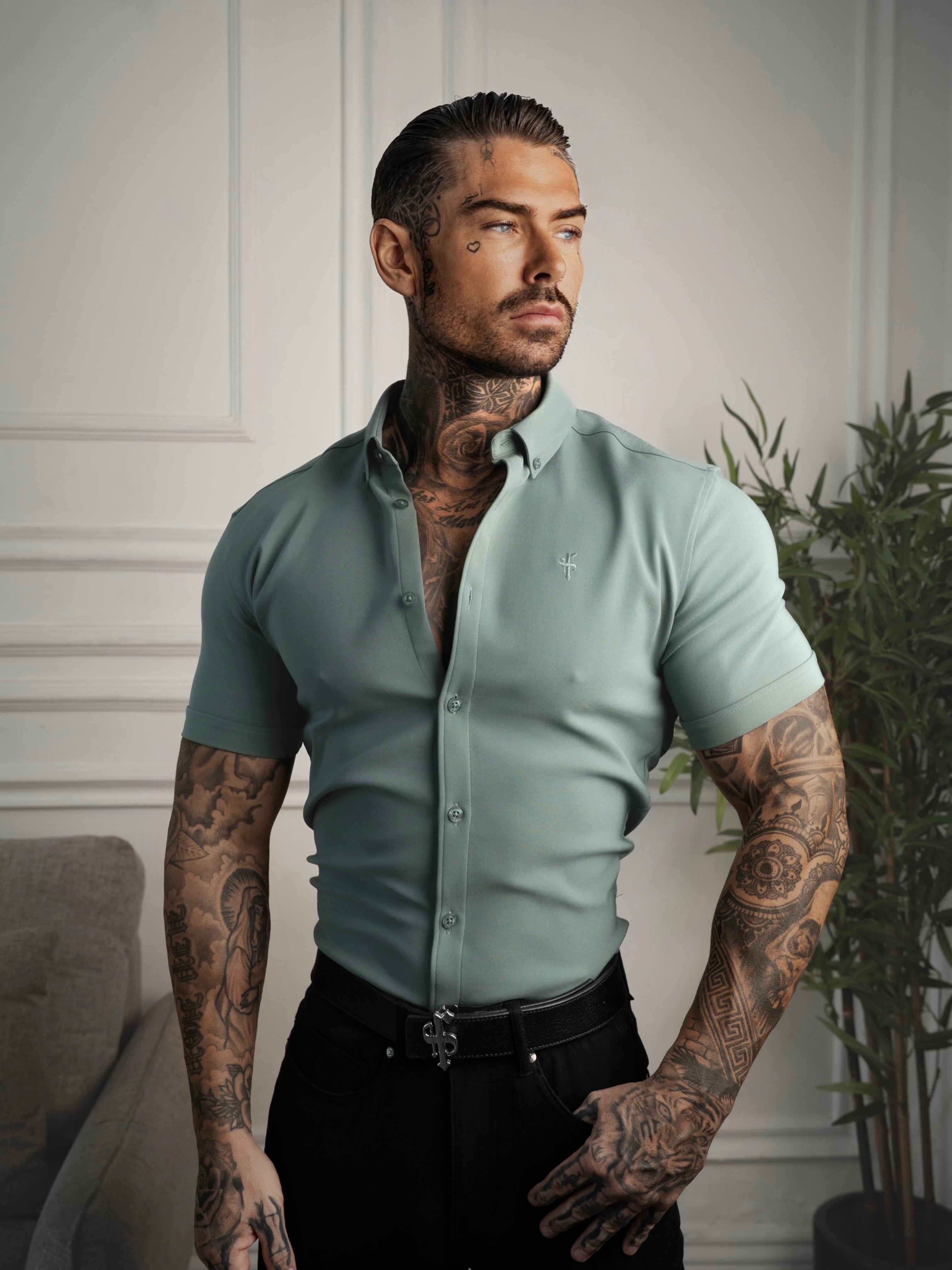 Super Slim SS Olive Scuba with Button Down Collar - FS1190