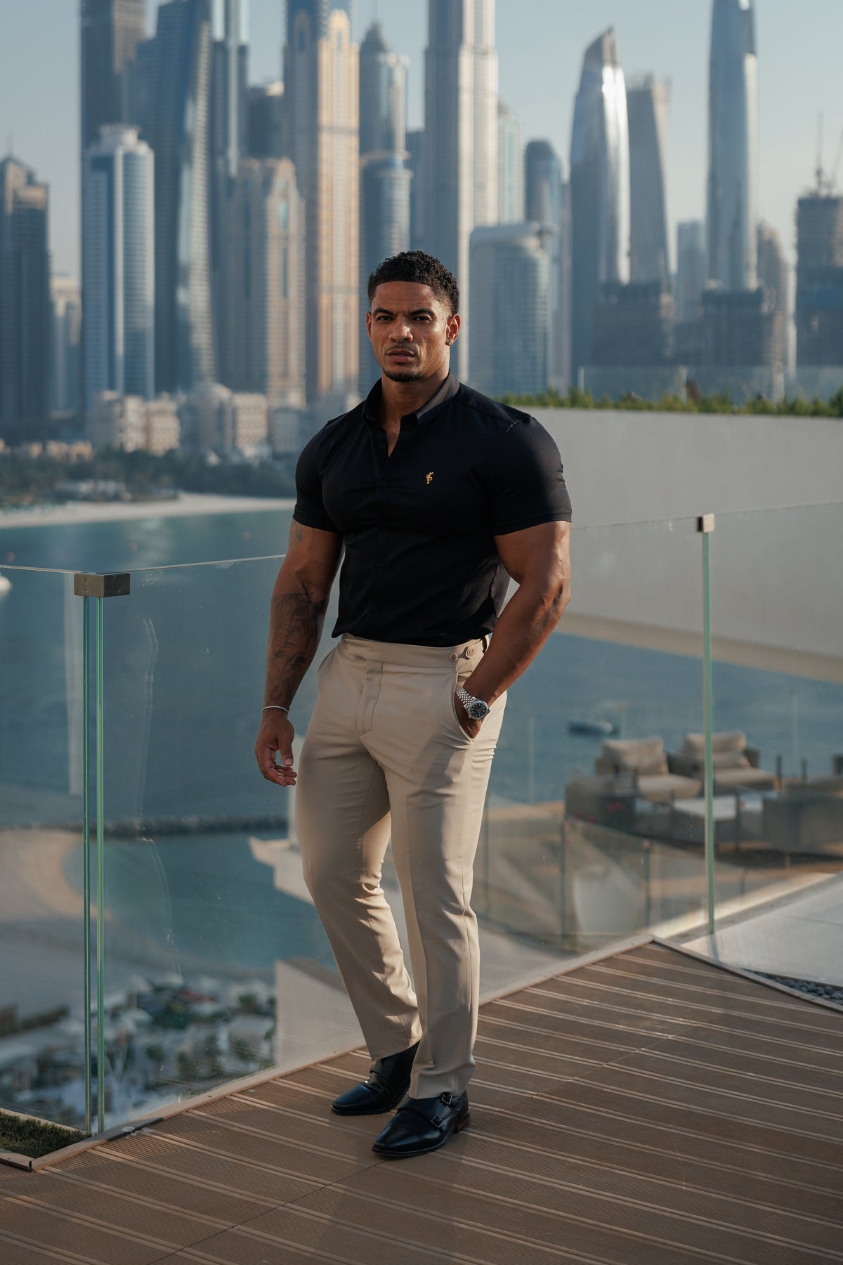 Super Slim Stretch Black Denim Short Sleeve with Gold Embroidery and Button Down Collar - FS1041