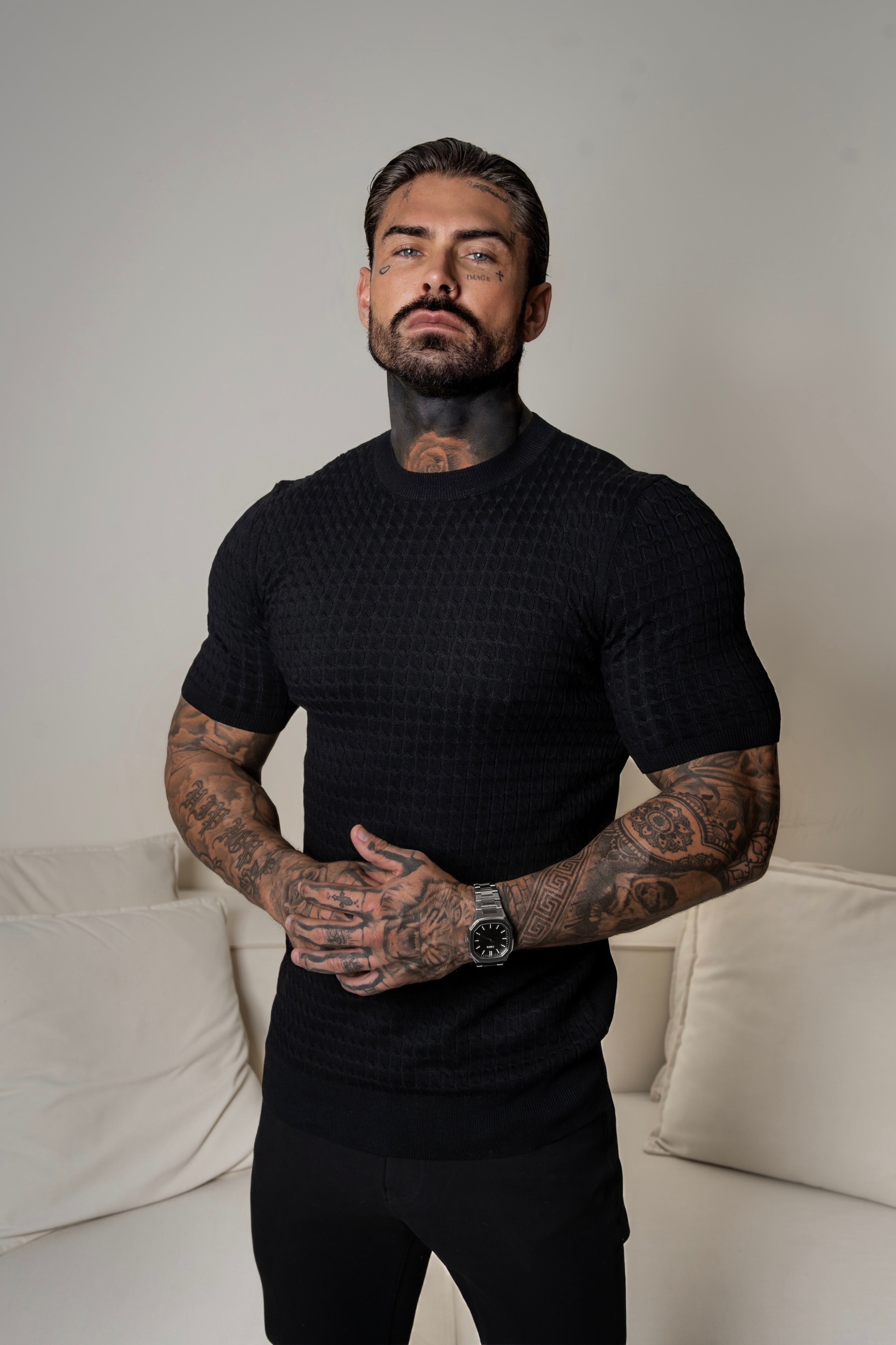 Front Chain Knit Crew Tshirt Black Short Sleeve  -  FSR055