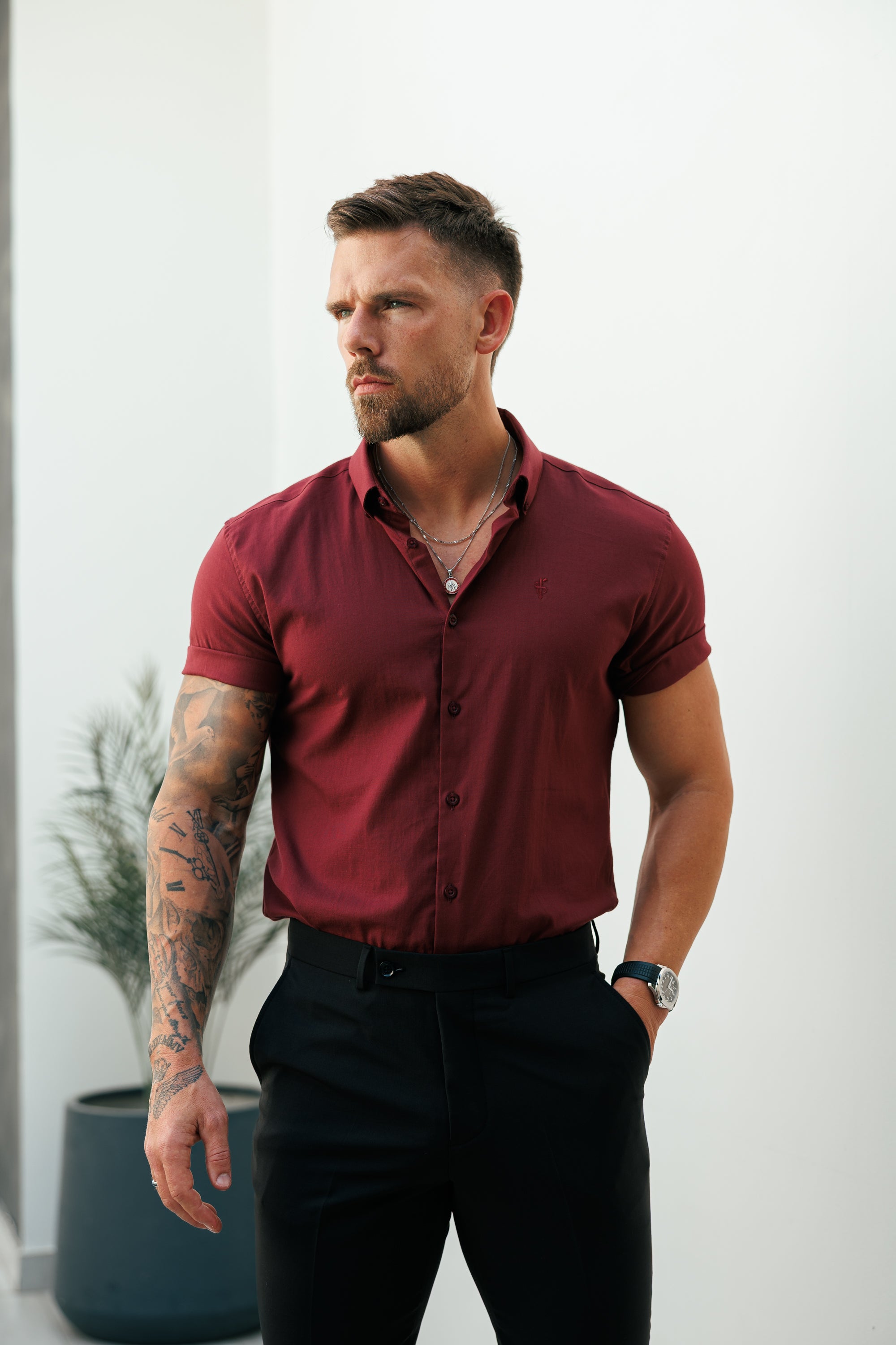 Classic Stretch Oxford Short Sleeve Oxblood / Burgundy with Button Down Collar - FS1213