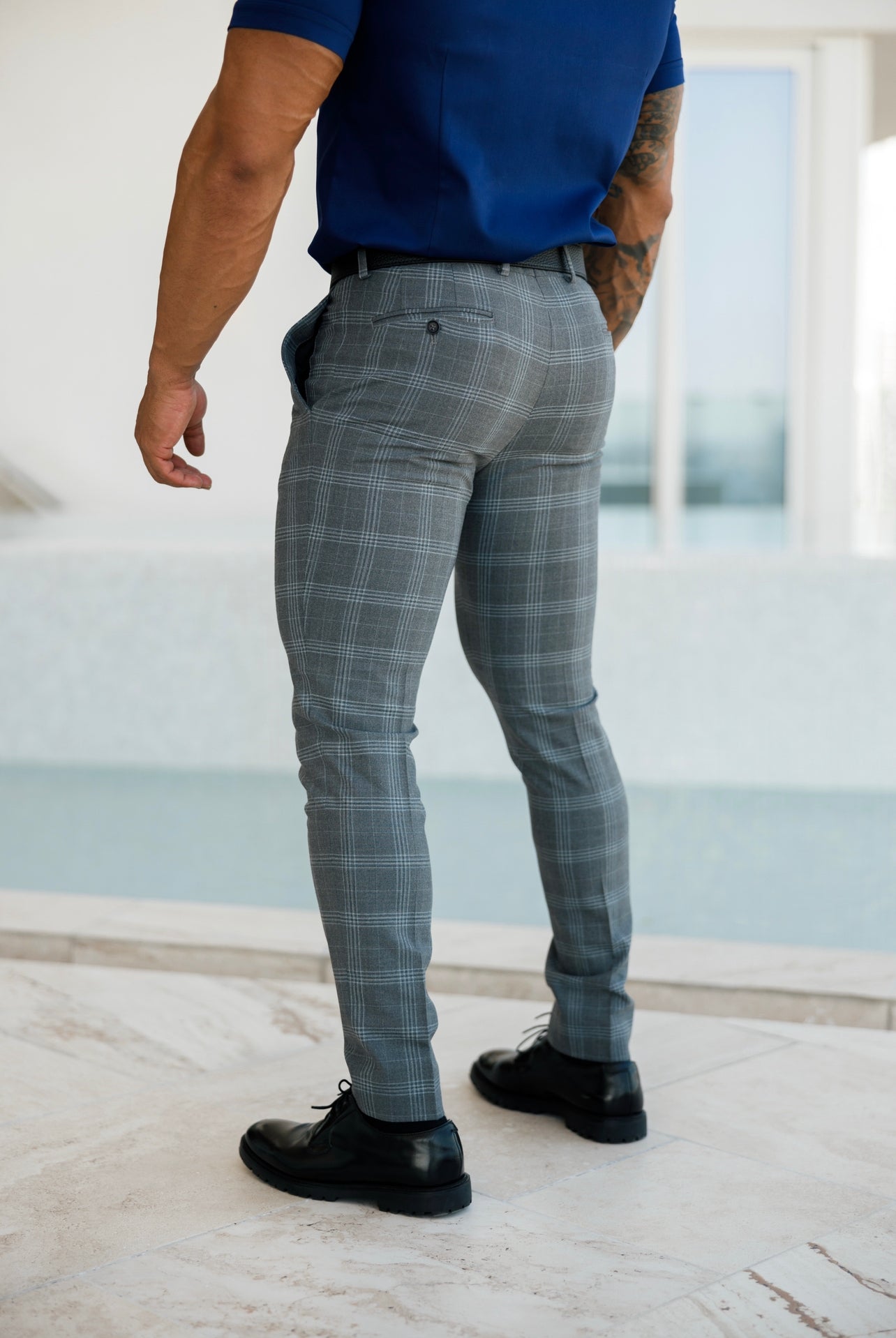 Slim Formal Large Silver Grey Check Stretch Trousers - FST005