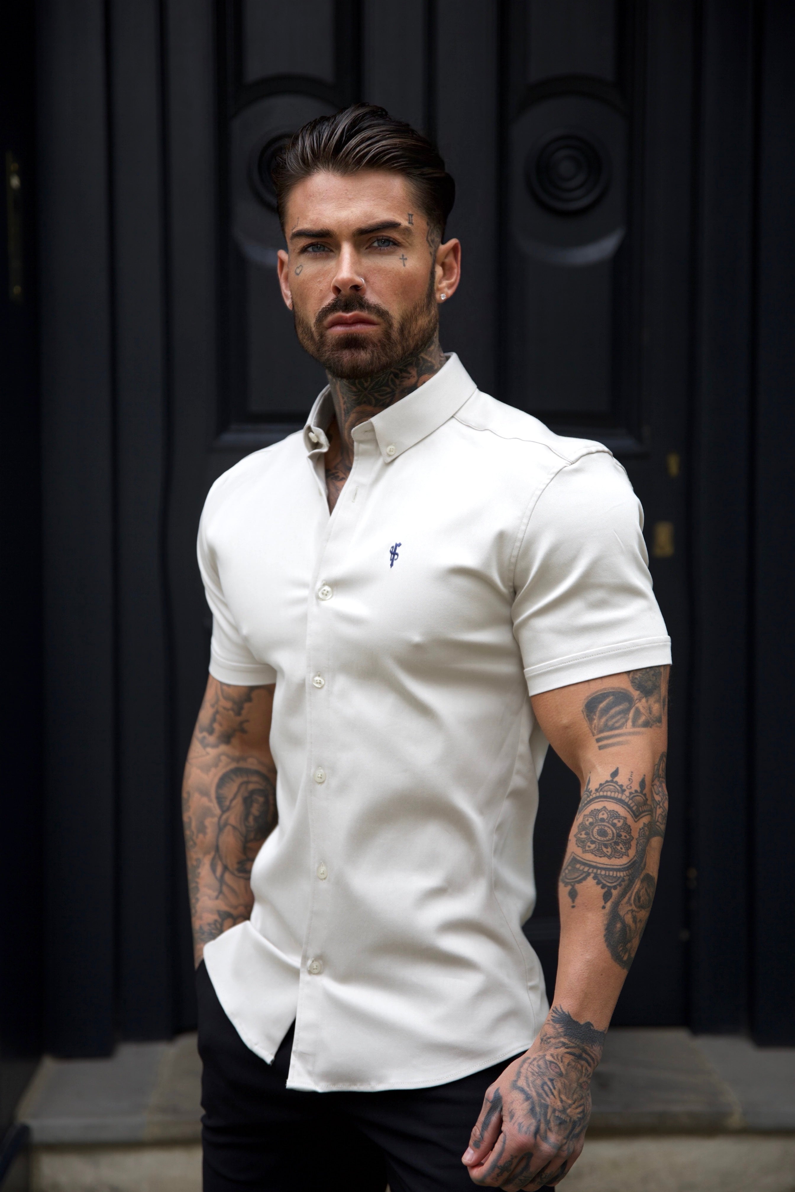 Super Slim Stretch Oatmeal Denim Short Sleeve With Button Down Collar - FS1025