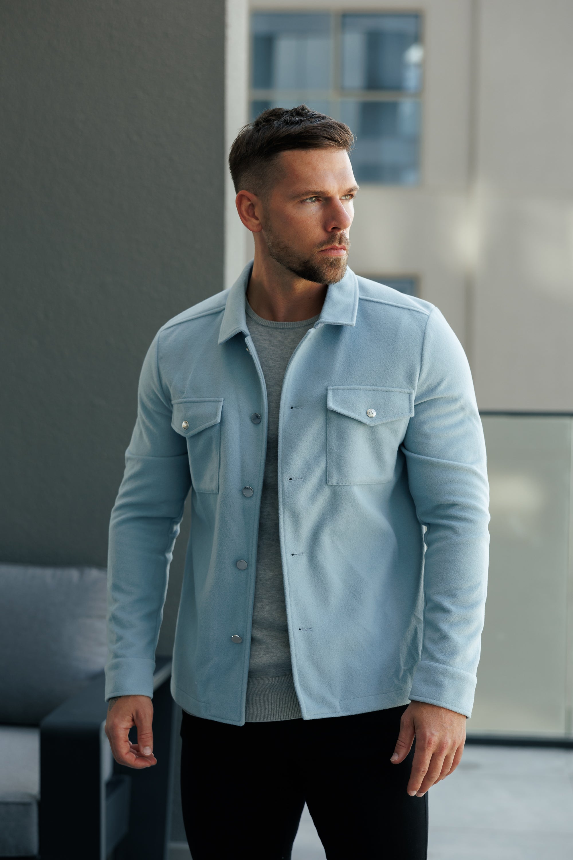 Brushed Button Up Plain Jacket Blue - FSN185