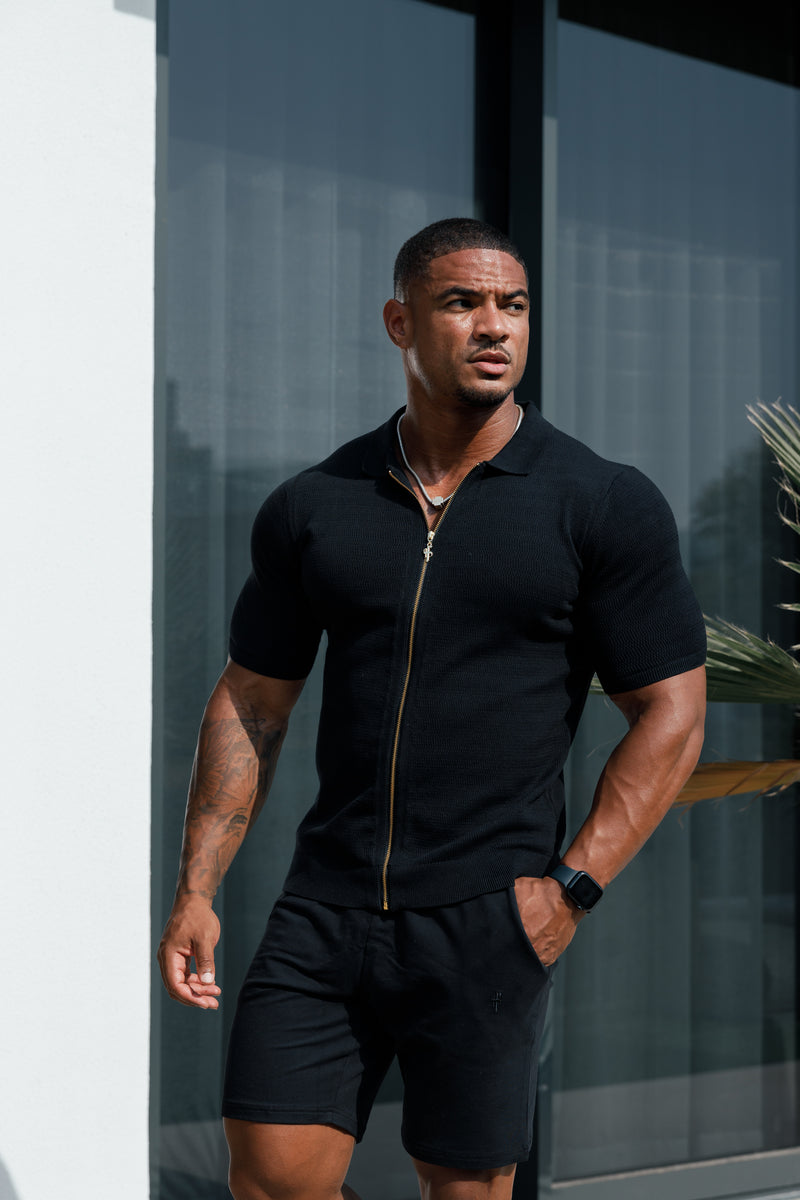 Father Sons Classic Knitted Textured Design With Full Length Zip Black Short Sleeve - FSN151