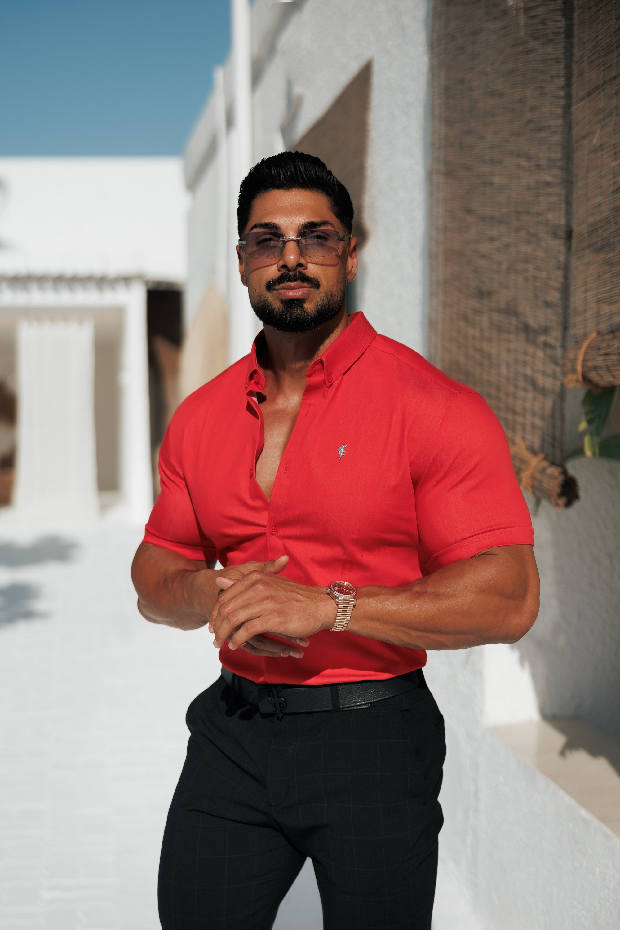 Super Slim Stretch Postbox Red Denim Short Sleeve with Button Down Collar - FS1135