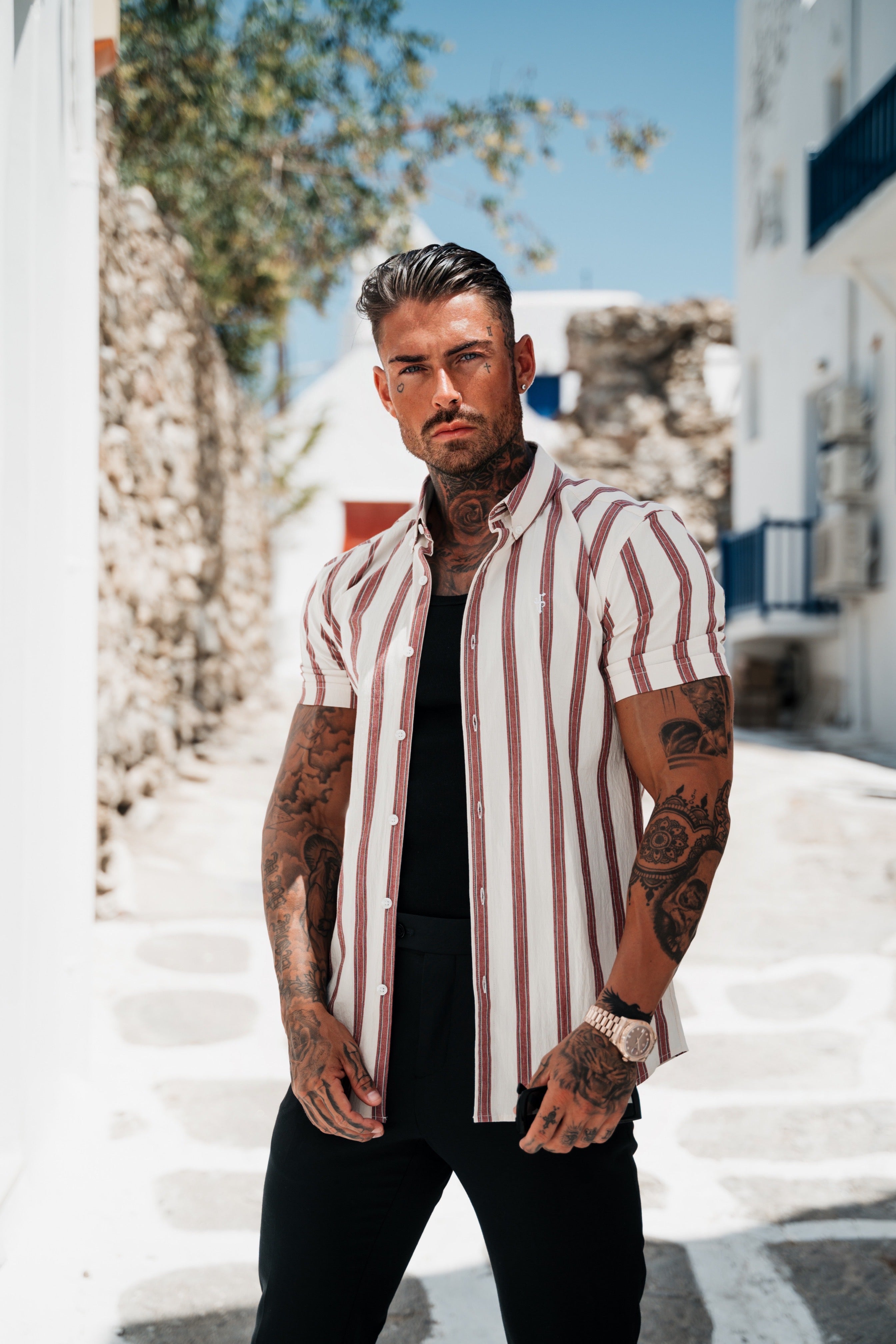 Super Slim Stretch Off White / Burgundy Woven Stripe Short Sleeve with Button Down Collar - FS972
