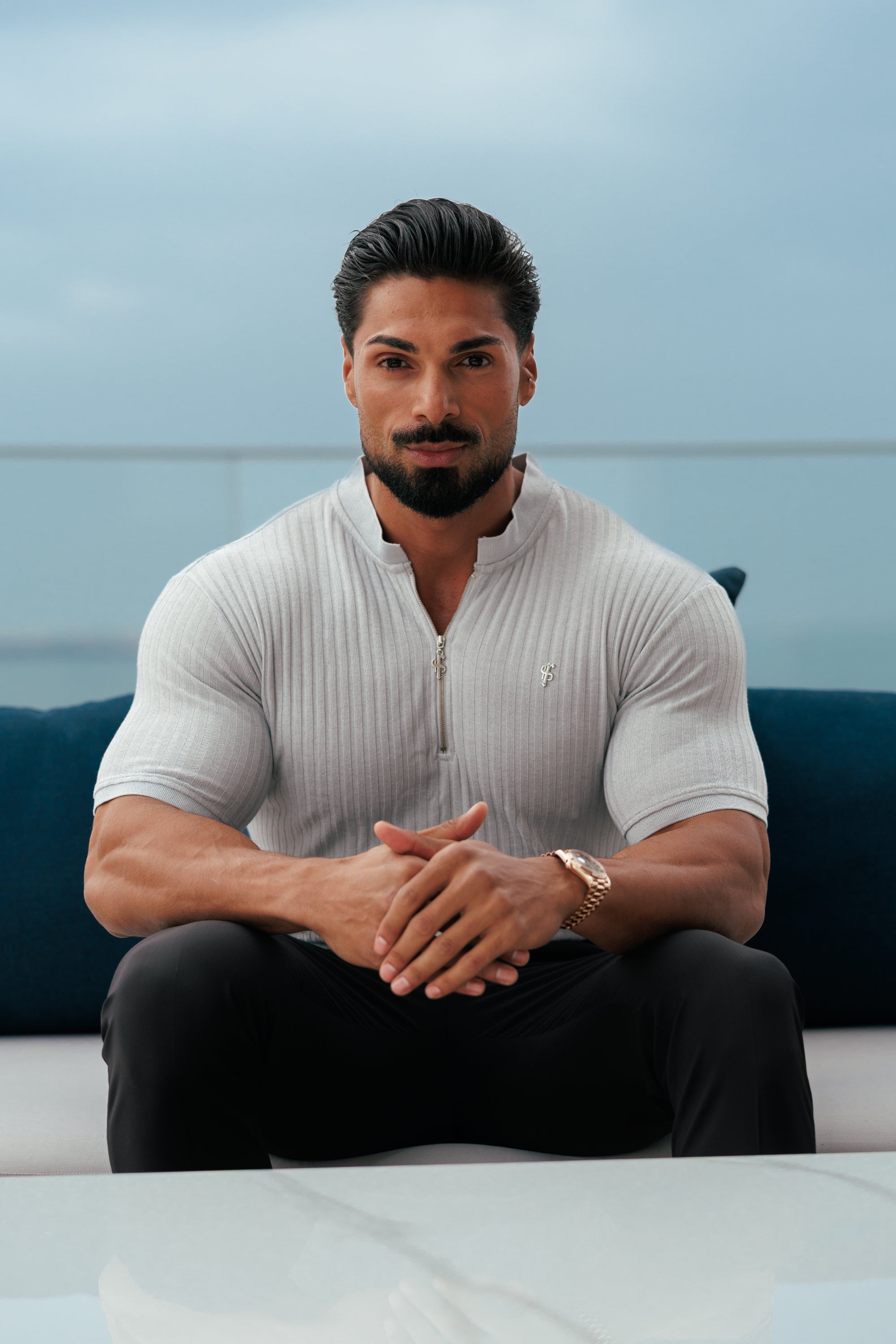 Classic Light Grey / Silver Ribbed Zip Grandad Collar Shirt Short Sleeve - FSH1449