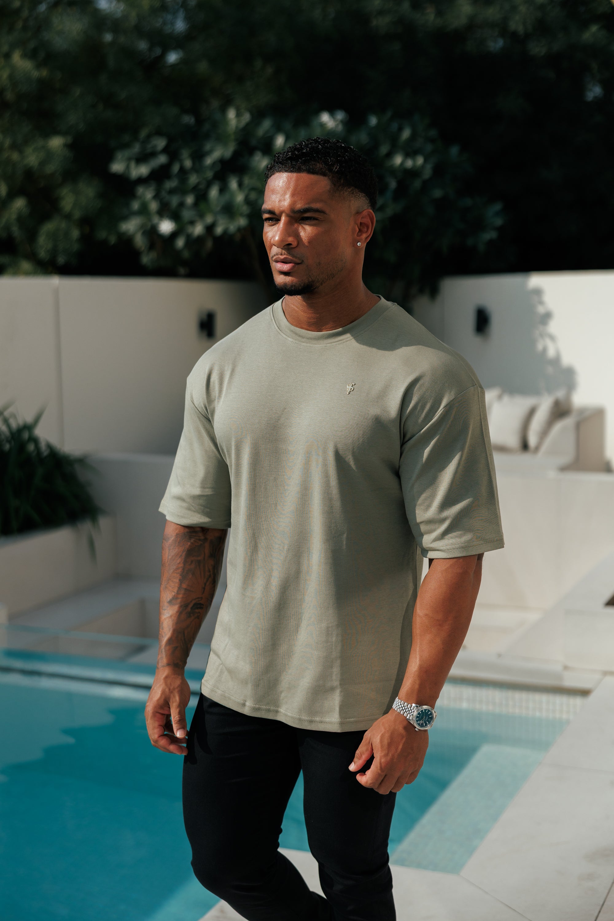 Olive / Gold Oversized Crew T Shirt - FSH1419