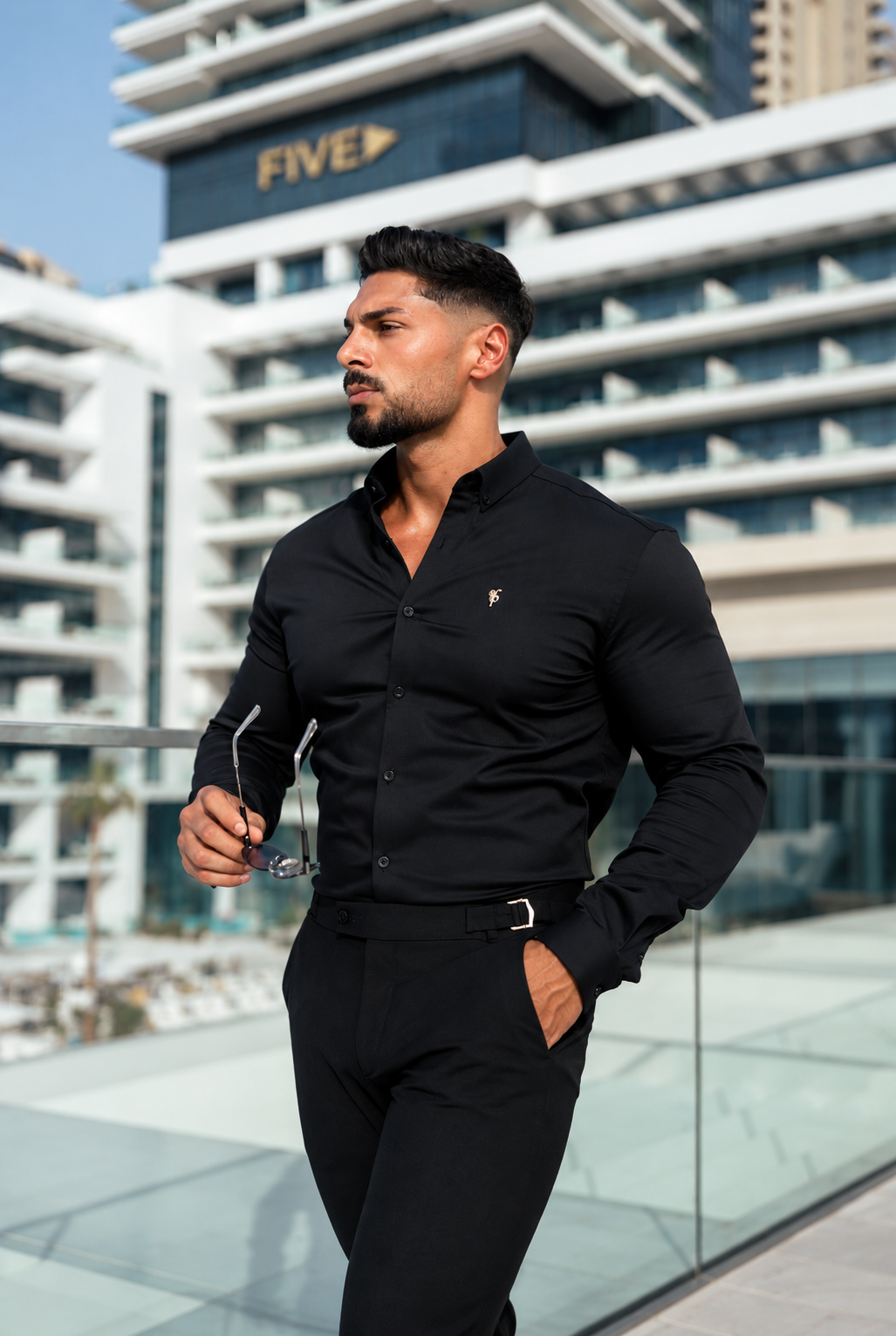 Super Slim Stretch Black Denim Long Sleeve with Gold Metal Decal and Button Down Collar - FS1040 (PRE ORDER 18TH OCTOBER)