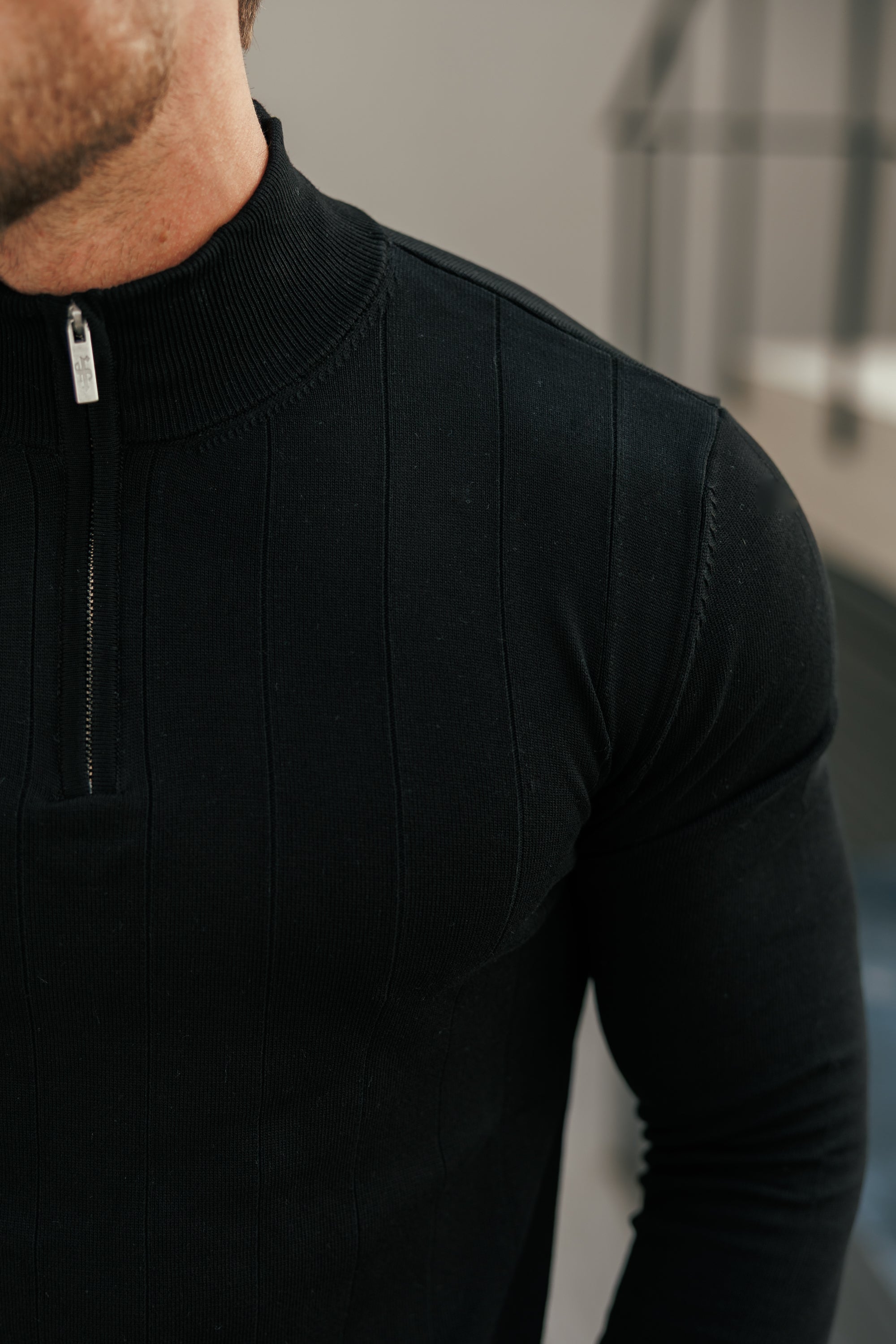 Self Stripe 1/4 Zip Funnel Neck Knit Jumper Black Long Sleeve  -  FSR050