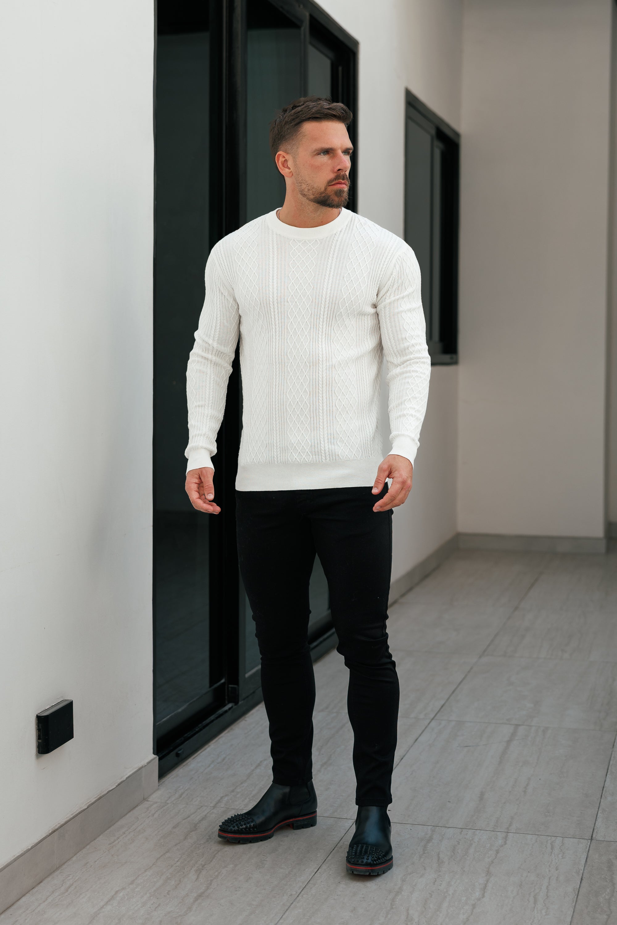 Fine Knit Diamond Off White Jumper Long Sleeve  -  FSA005