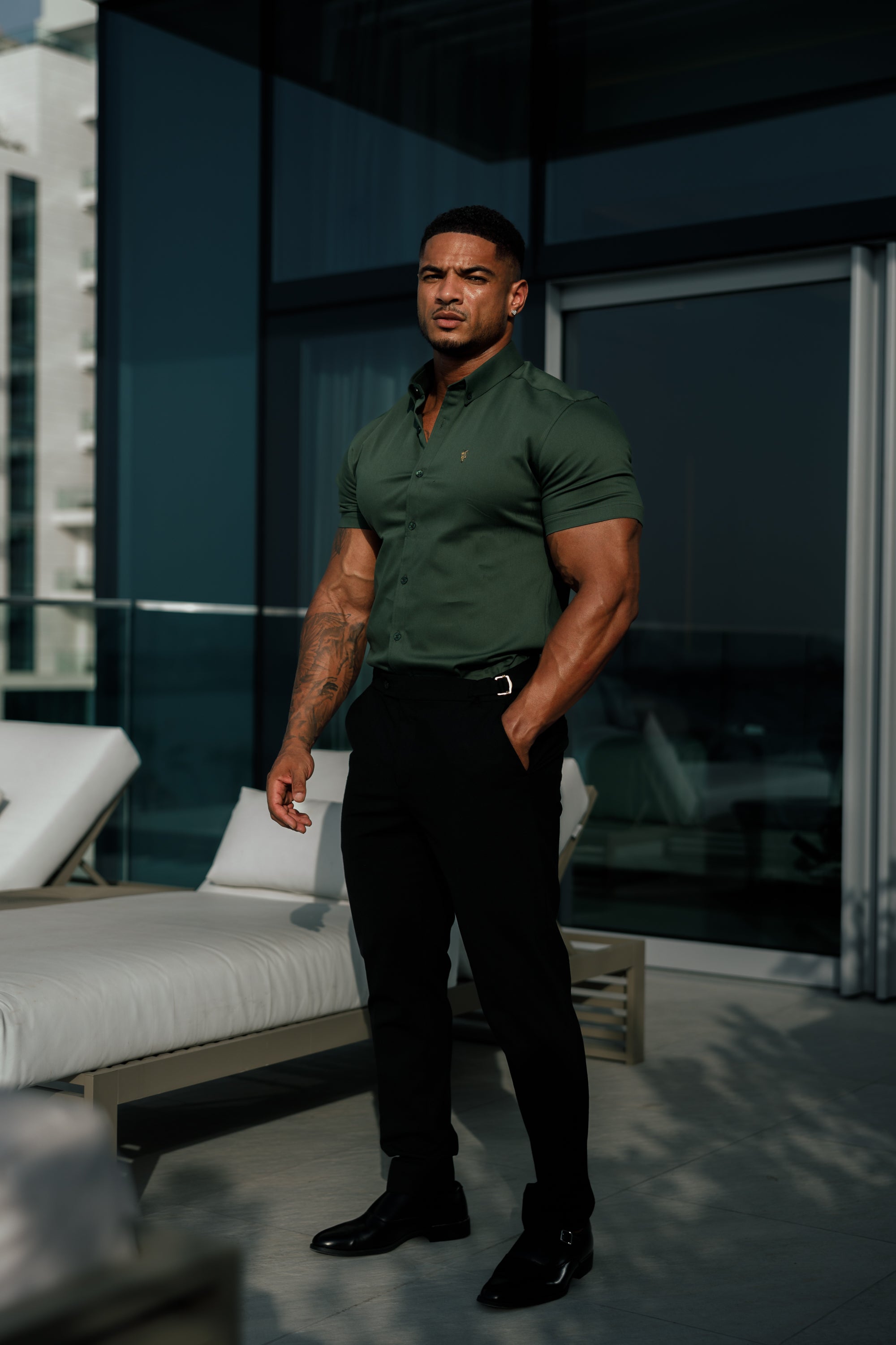 Super Slim Stretch Khaki Denim Short Sleeve with Gold Metal Decal and Button Down Collar - FS1043