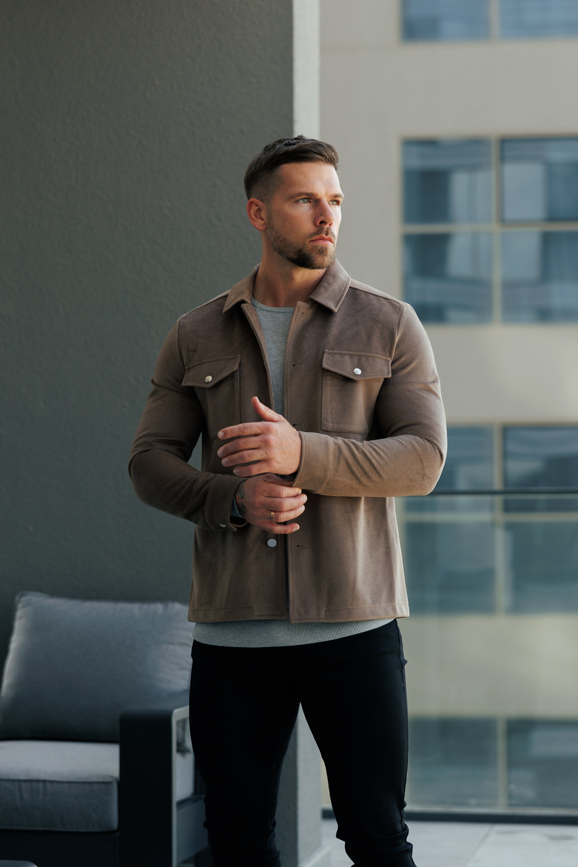 Brushed Button Up Plain Jacket Taupe - FSN184