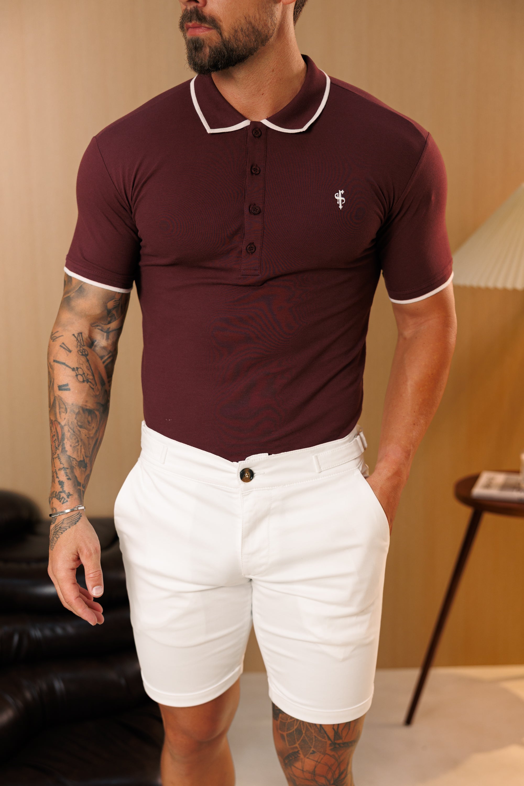 Burgundy / White Polo Shirt With Contrast Collar and Sleeve - FSH1676