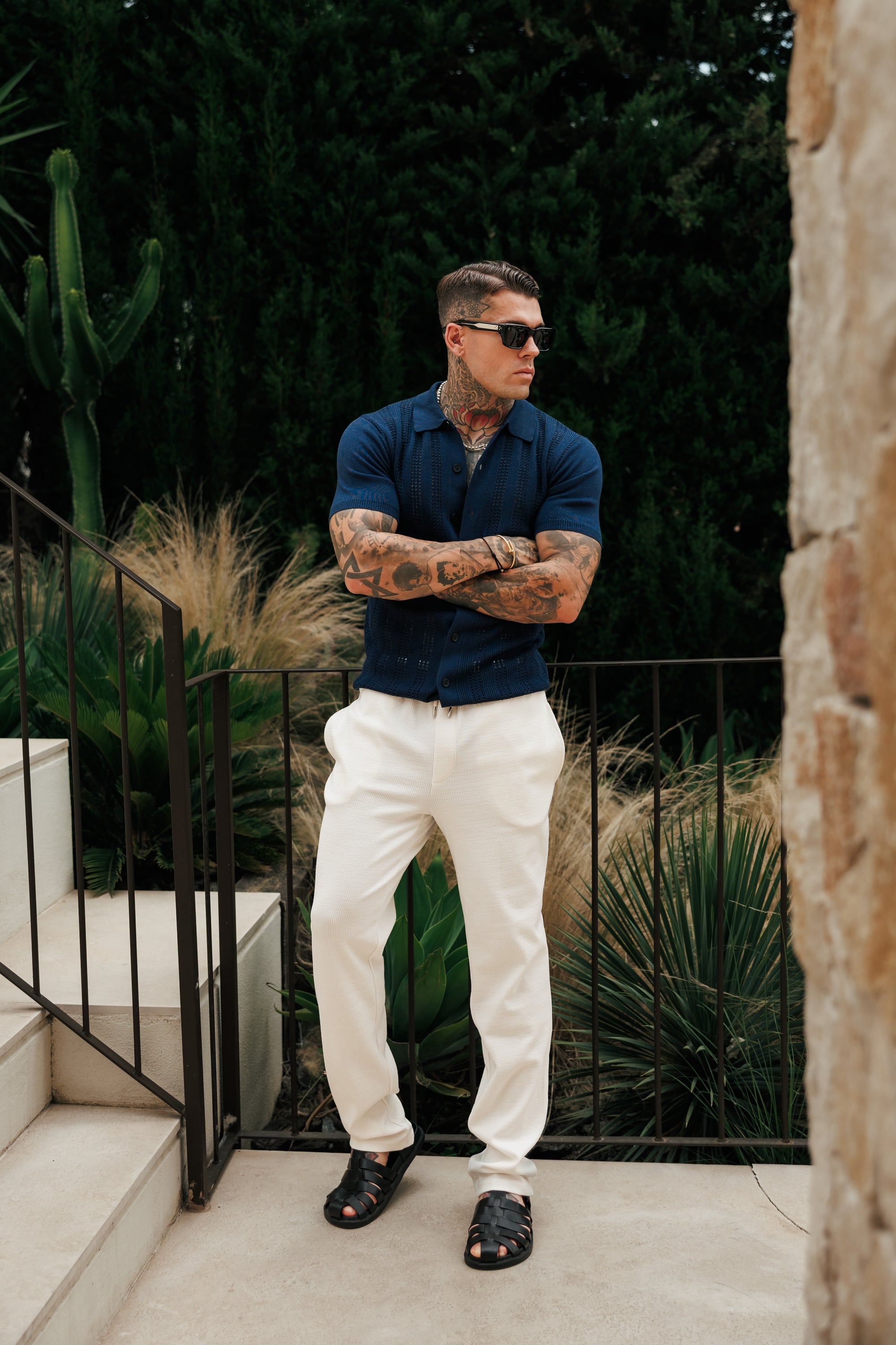 Navy Stripe Perforated Shirt Short Sleeve -  FSA020 (PRE ORDER 31ST AUGUST)