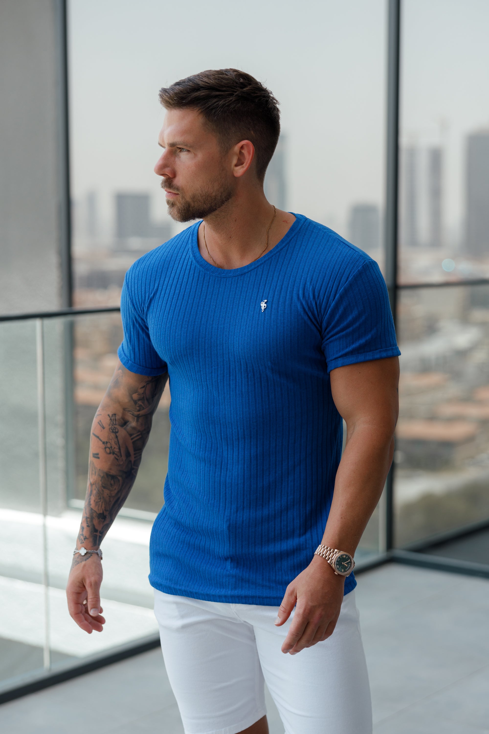 Classic Royal Blue / Silver Ribbed Knit Super Slim Short Sleeve Crew - FSH1091