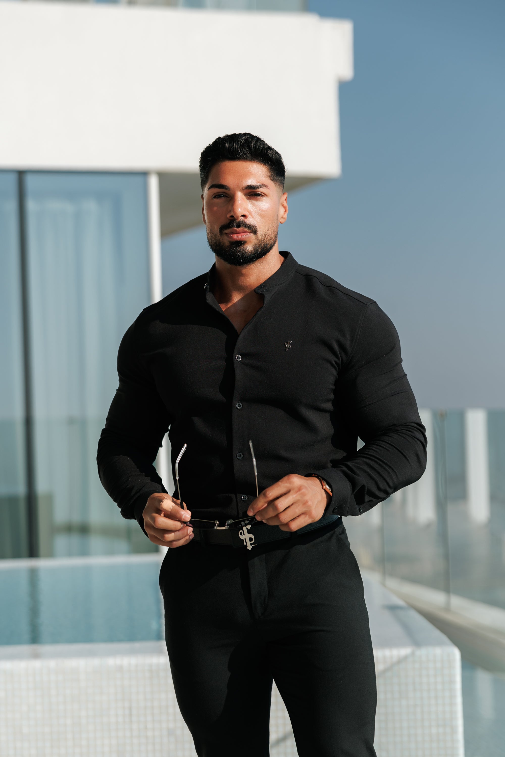 Classic Stretch Black LS with Grandad Collar - FS1078