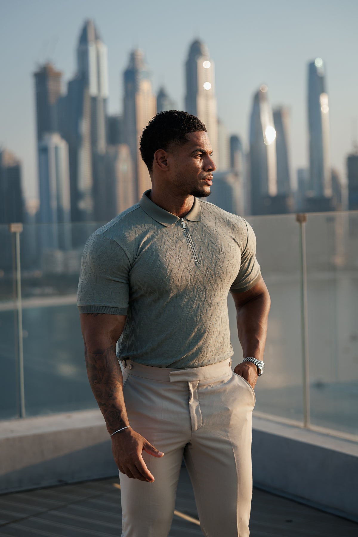 Classic Jacquard Olive Chevron Zipped Polo - FSR060