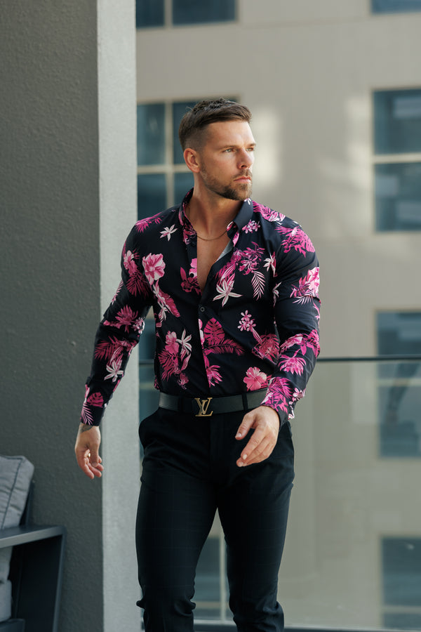 Classic Stretch LS Black / Bright Pink Floral Print Button Down Collar - FS1153