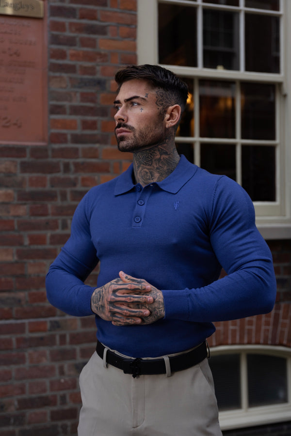 Father Sons Classic Ocean Blue Knitted Polo Jumper Long Sleeve With Tonal FS Embroidery- FSN140