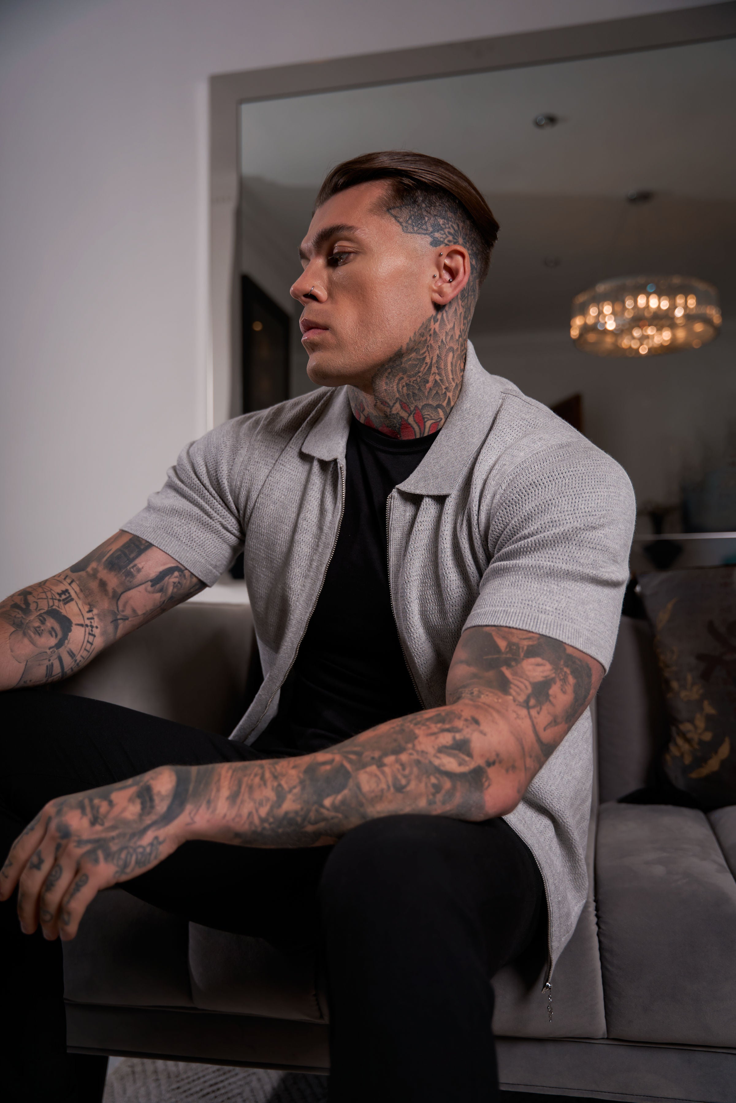 Classic Knitted Textured Design With Full Length Zip Light Grey Short Sleeve - FSN154