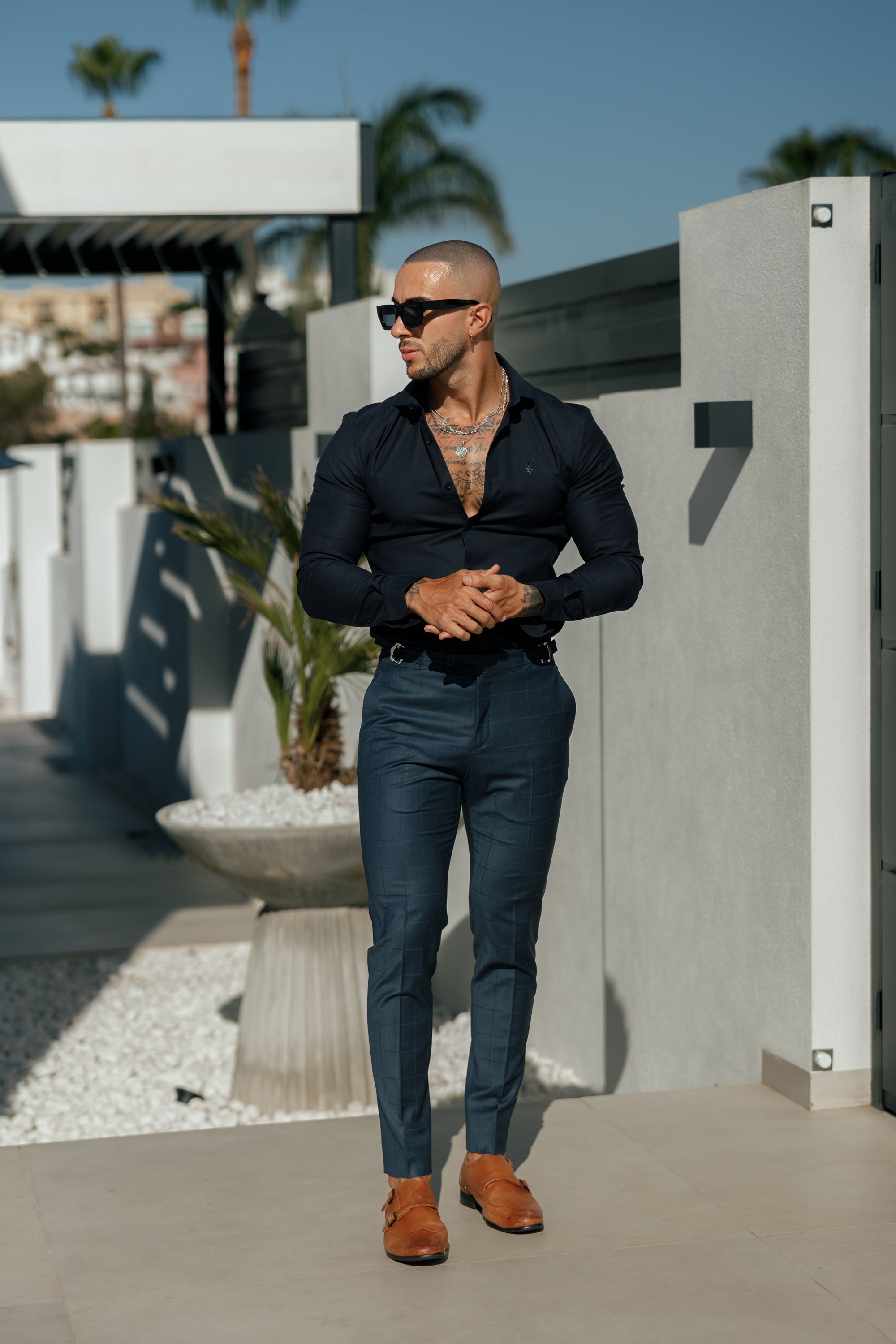 Super Slim Stretch Navy Side Panel Shirt LS - FS1090
