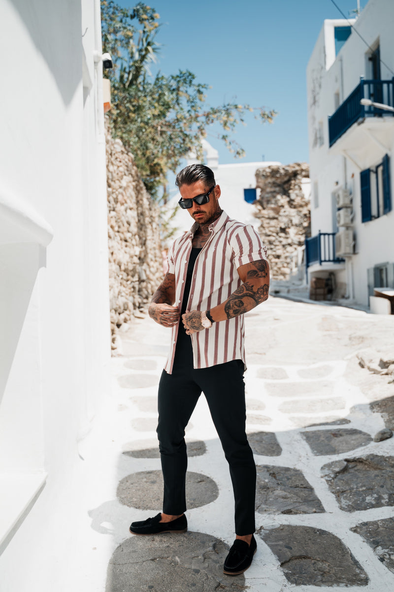 Father Sons Super Slim Stretch Off White / Burgundy Woven Stripe Short Sleeve with Button Down Collar - FS972
