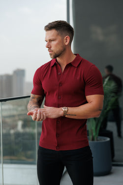 Father Sons Classic Plain Burgundy Knitted Button Through Polo Short Sleeve - FSN217