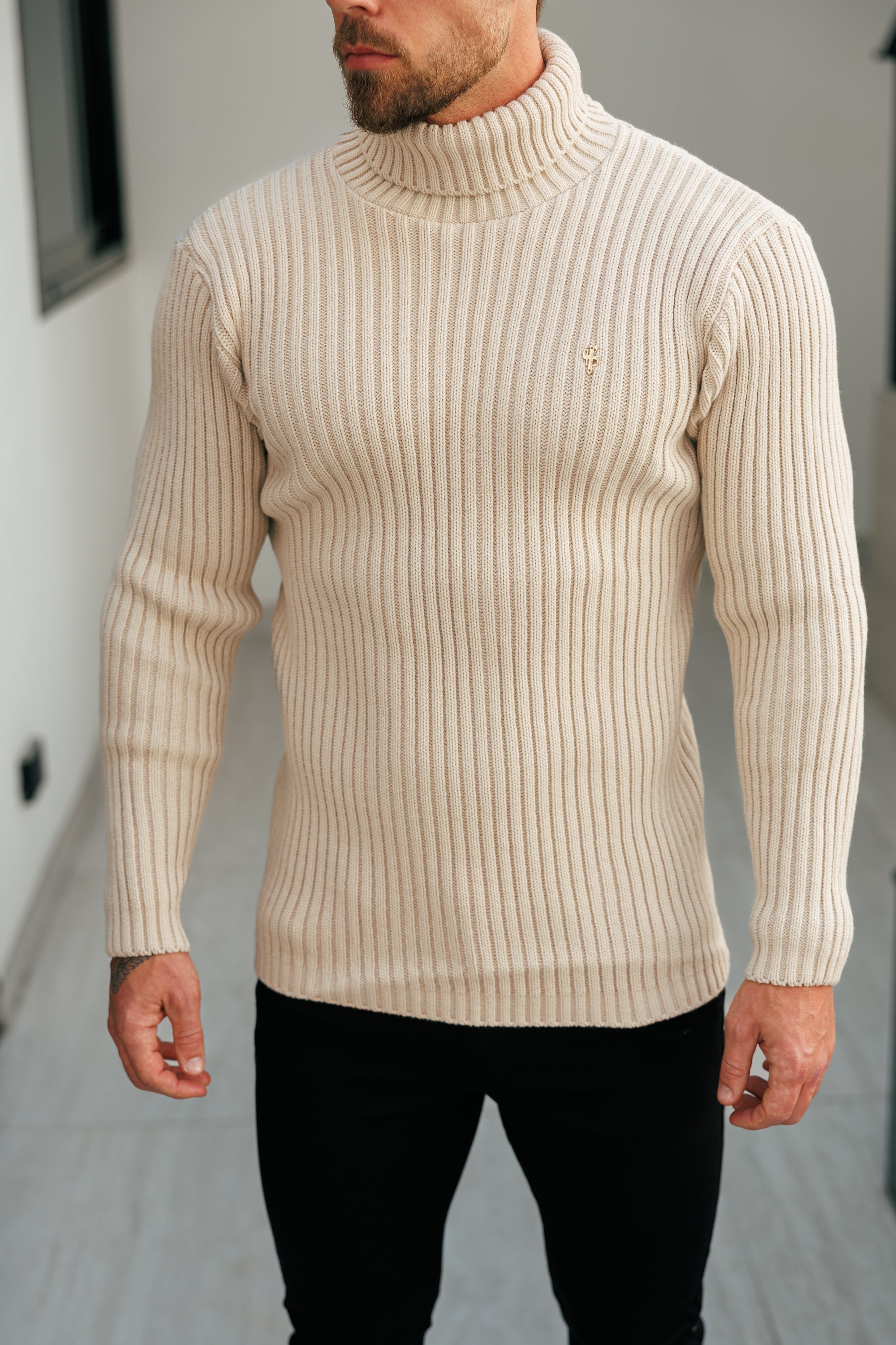 Ribbed Knit Beige Roll Neck Jumper - FSJ112
