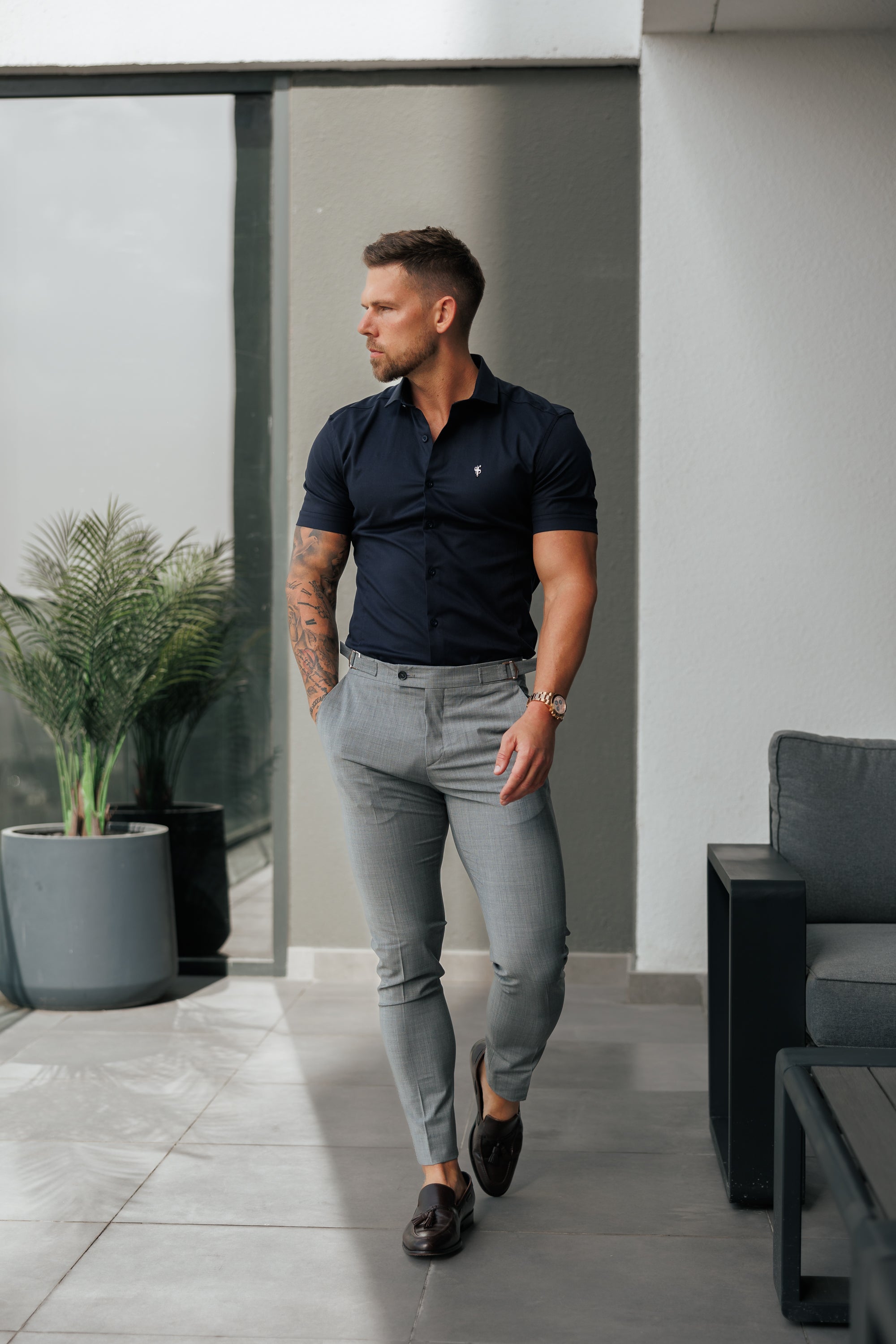 Super Slim Stretch Navy Side Panel Shirt SS - FS1139