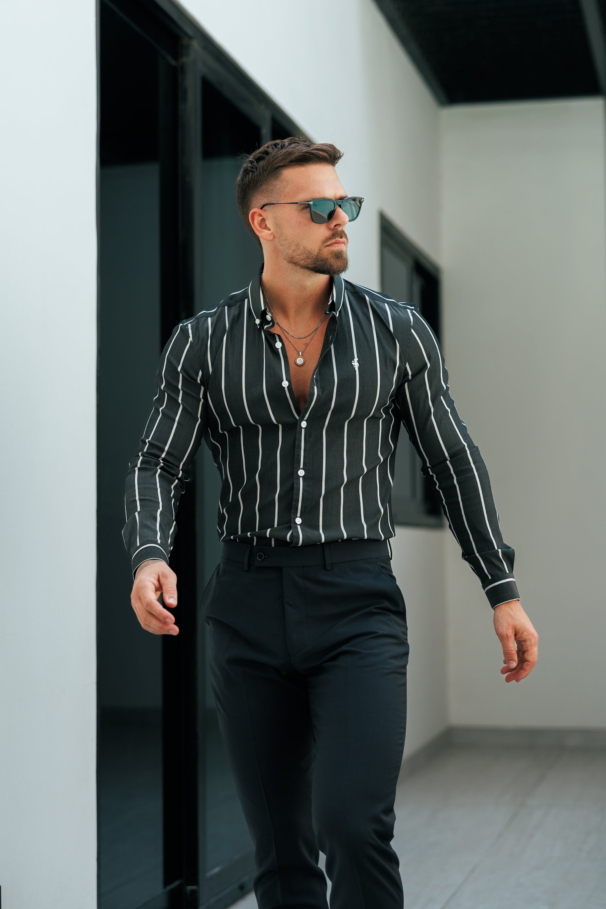 Super Slim Stretch Charcoal / White Printed Wide Stripe Long Sleeve with Button Down Collar - FS1224