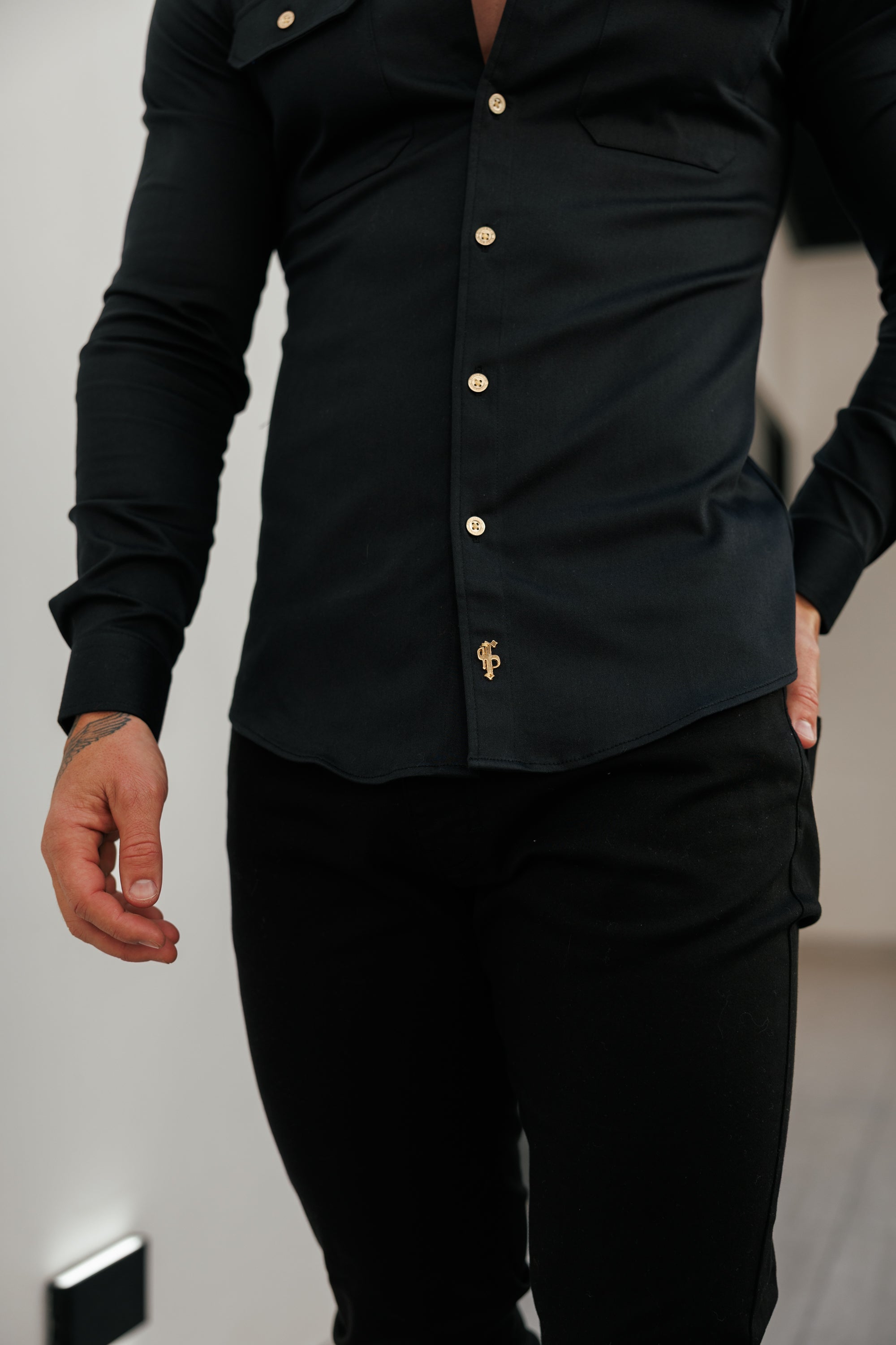 Super Slim Stretch Solid Black Denim Shacket with Gold Buttons - FS1238