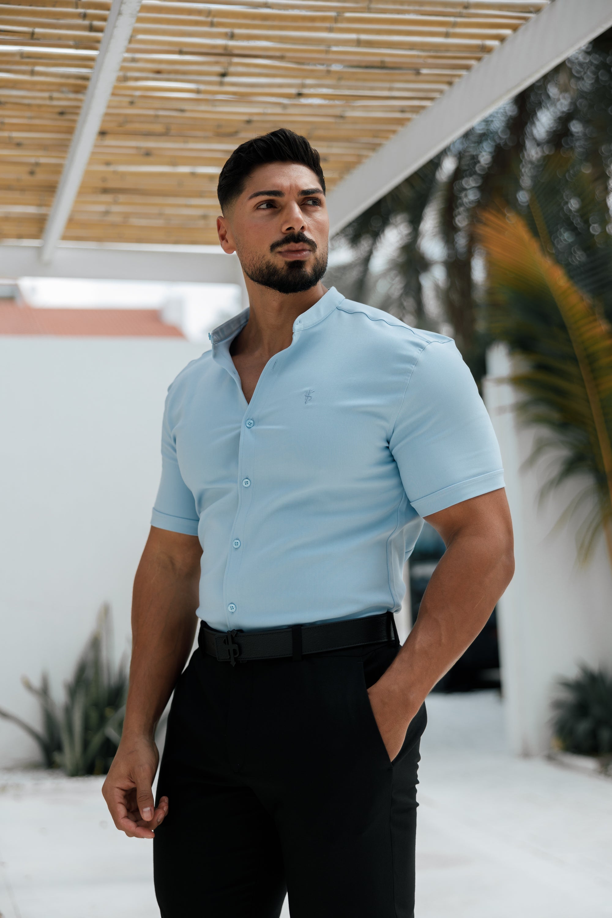 Super Slim Scuba Light Blue Short Sleeve Stretch With Grandad Collar Shirt - FS1003