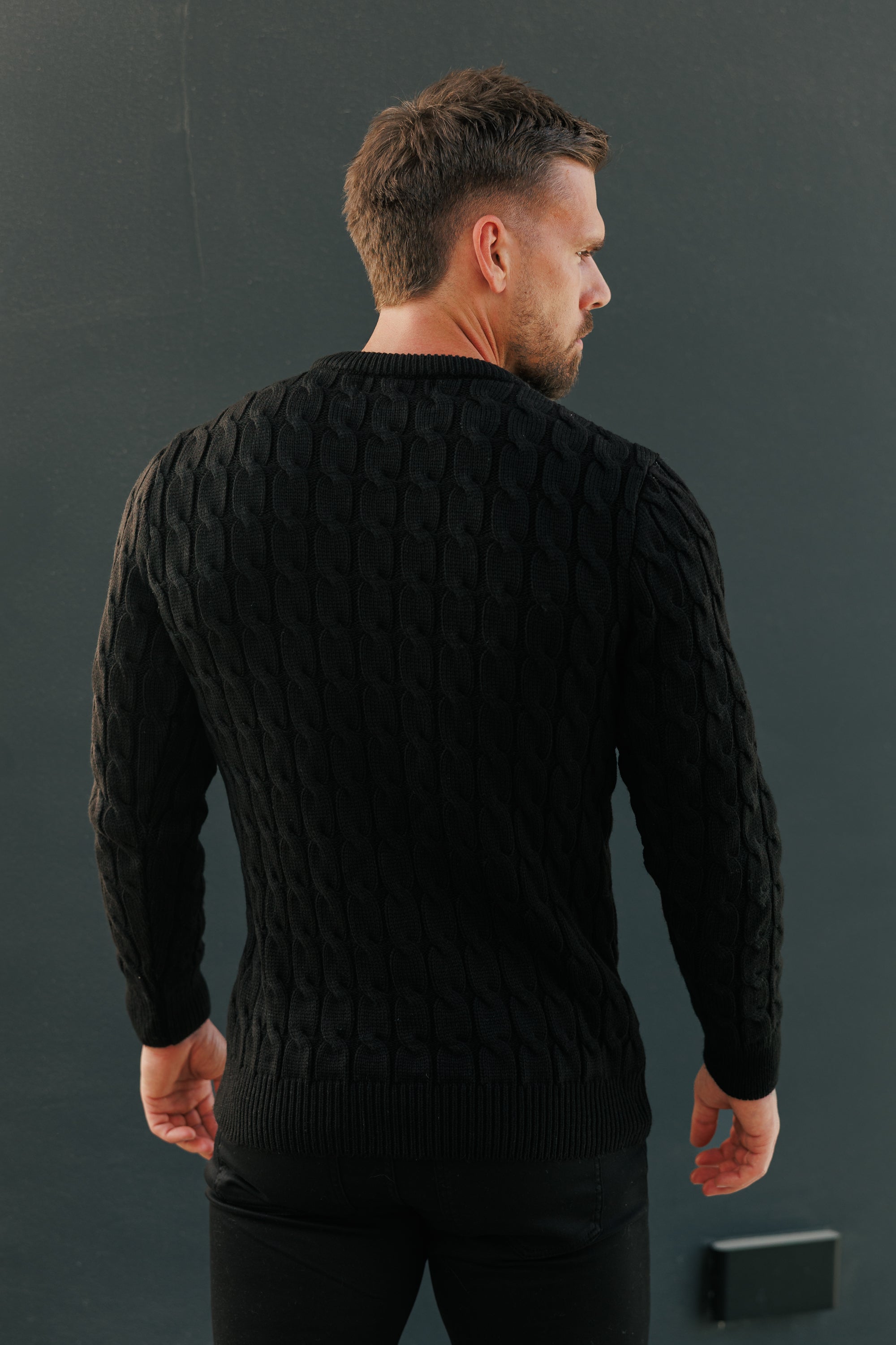 Link Weave Knit Black Crew Neck Jumper - FSJ124