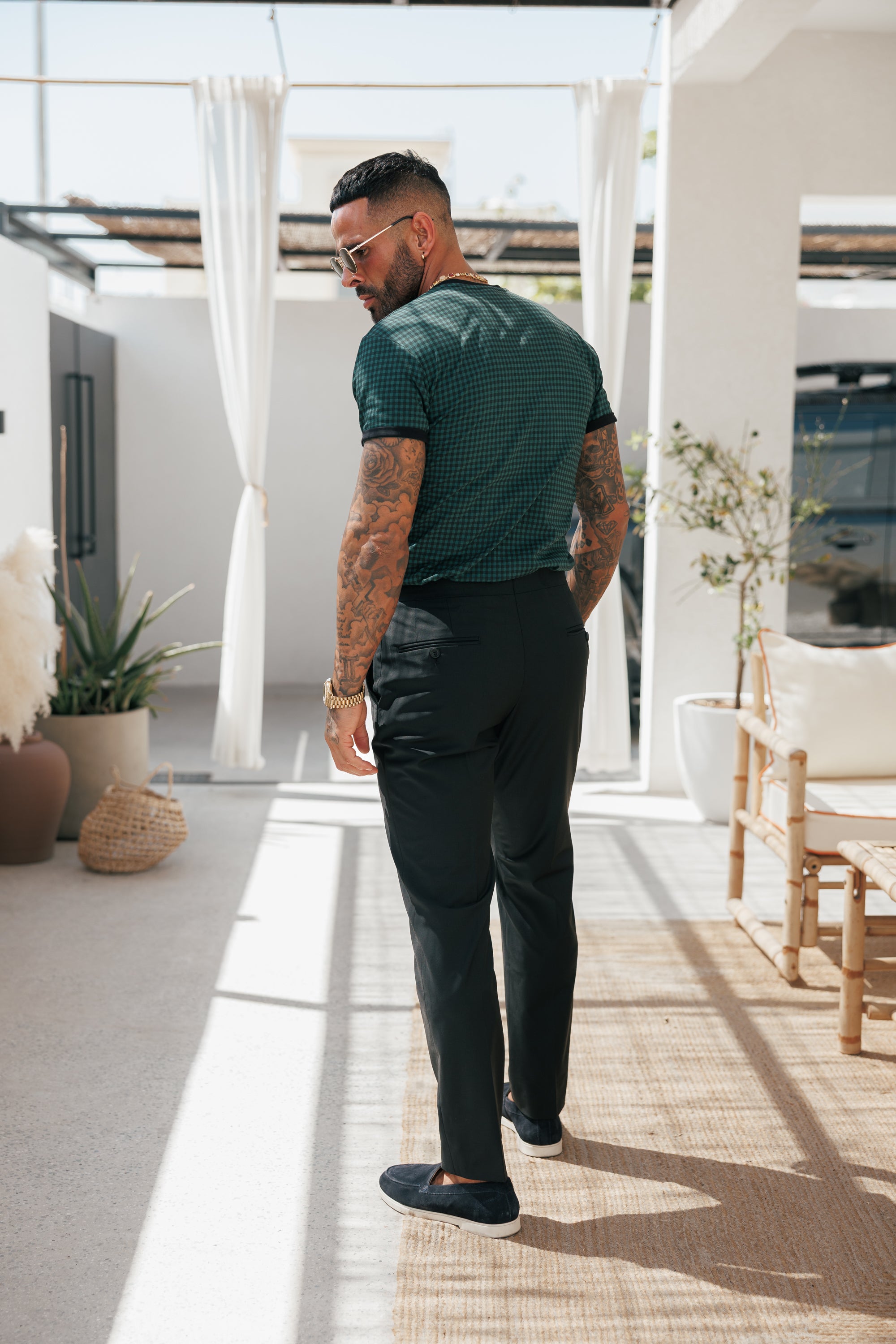 Printed Forest Green / Black Check Fitted T Shirt - FSH1241