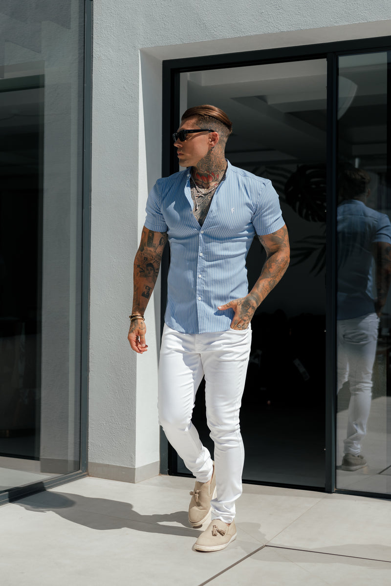 Father Sons Super Slim Stretch Light Blue Printed Pinstripe Short Sleeve with Grandad Collar - FS1060