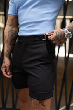 Father Sons Tailored Black Shorts With Gold Buckle Adjusters - FSTS006