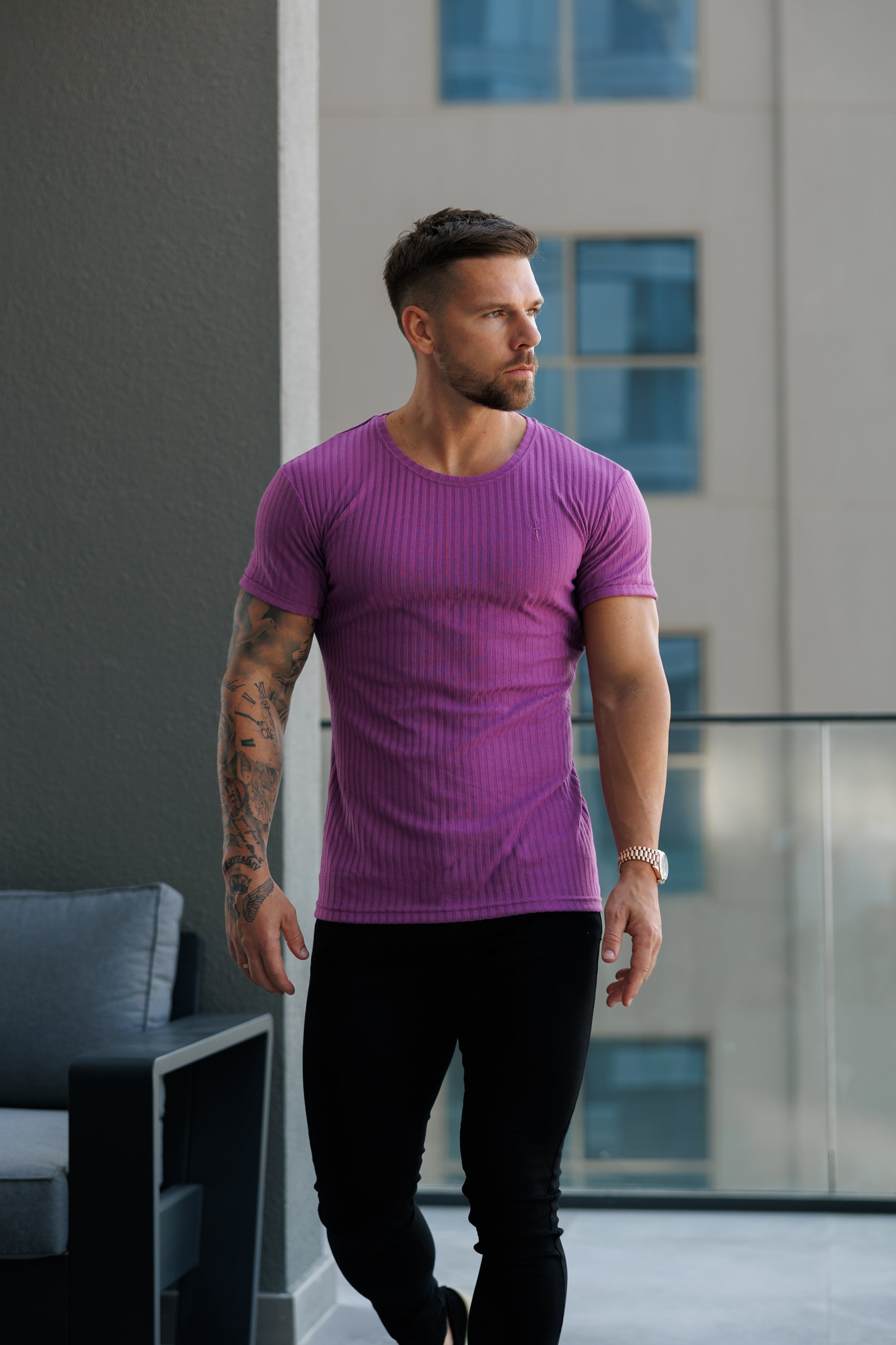 Classic Light Purple Ribbed Knit Super Slim Short Sleeve Crew - FSH1161