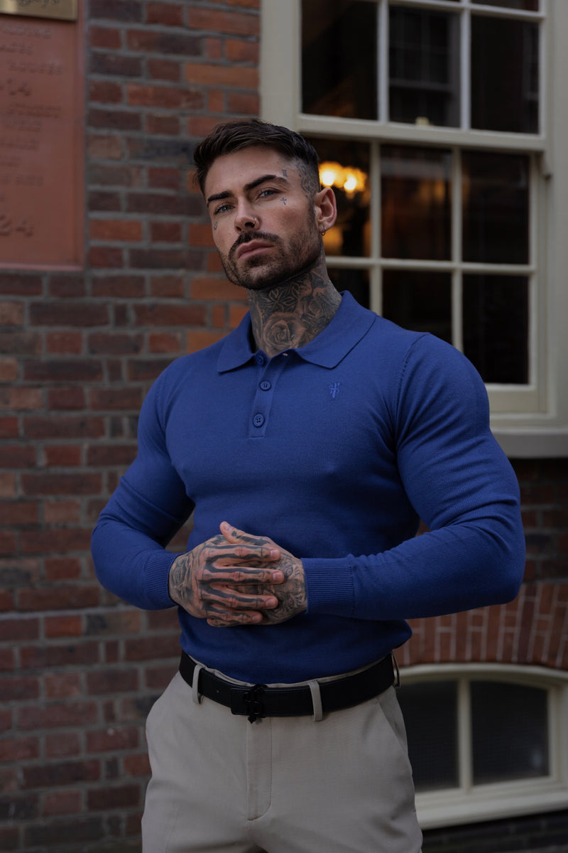 Father Sons Classic Ocean Blue Knitted Polo Jumper Long Sleeve With Tonal FS Embroidery- FSN140